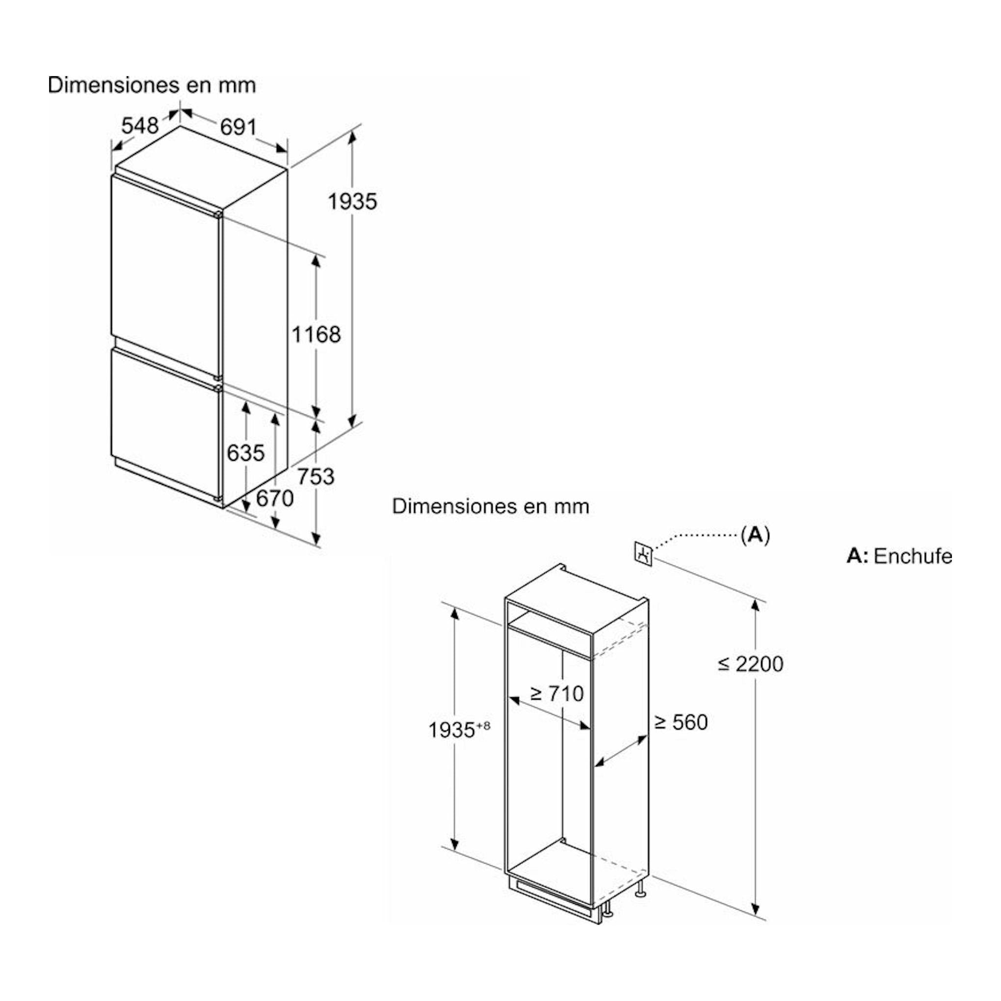 Frigorífico combi integrable Balay 3KIE901F, esquema técnico con vistas frontal y lateral y medidas en mm.