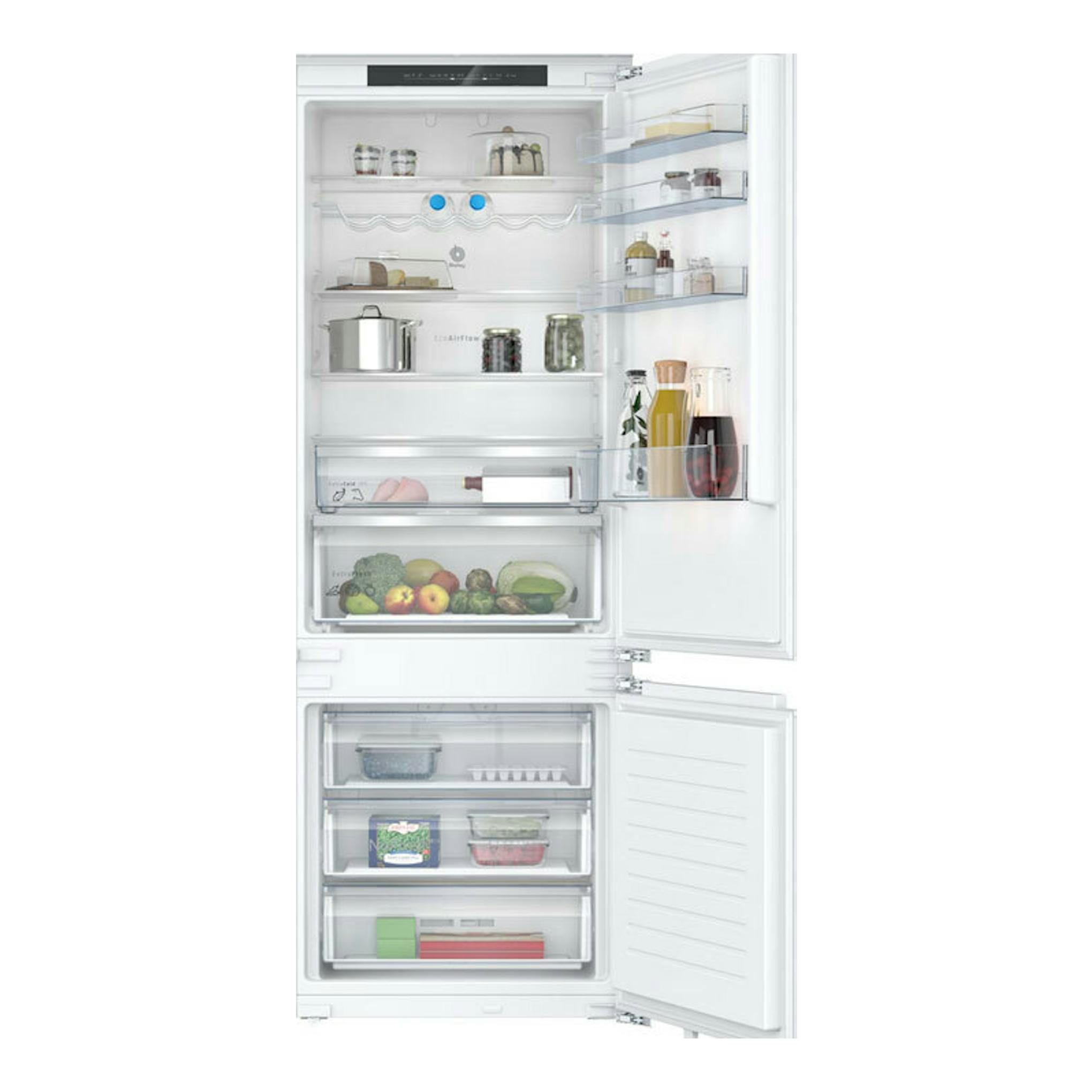 Frigorífico combi integrable Balay 3KIE934F blanco, visto de frente con puertas abiertas.
