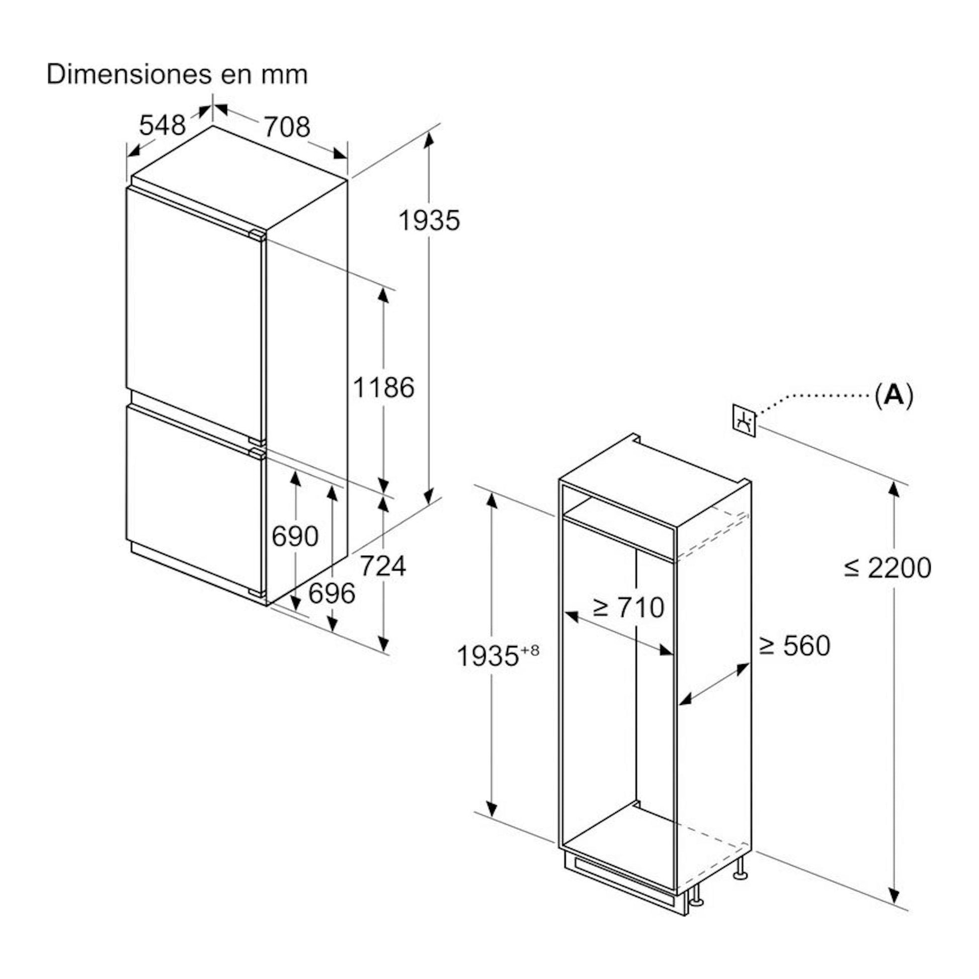 Balay 3KIE934F: diagrama técnico isométrico de frigorífico combi integrable con medidas y hueco de instalación.