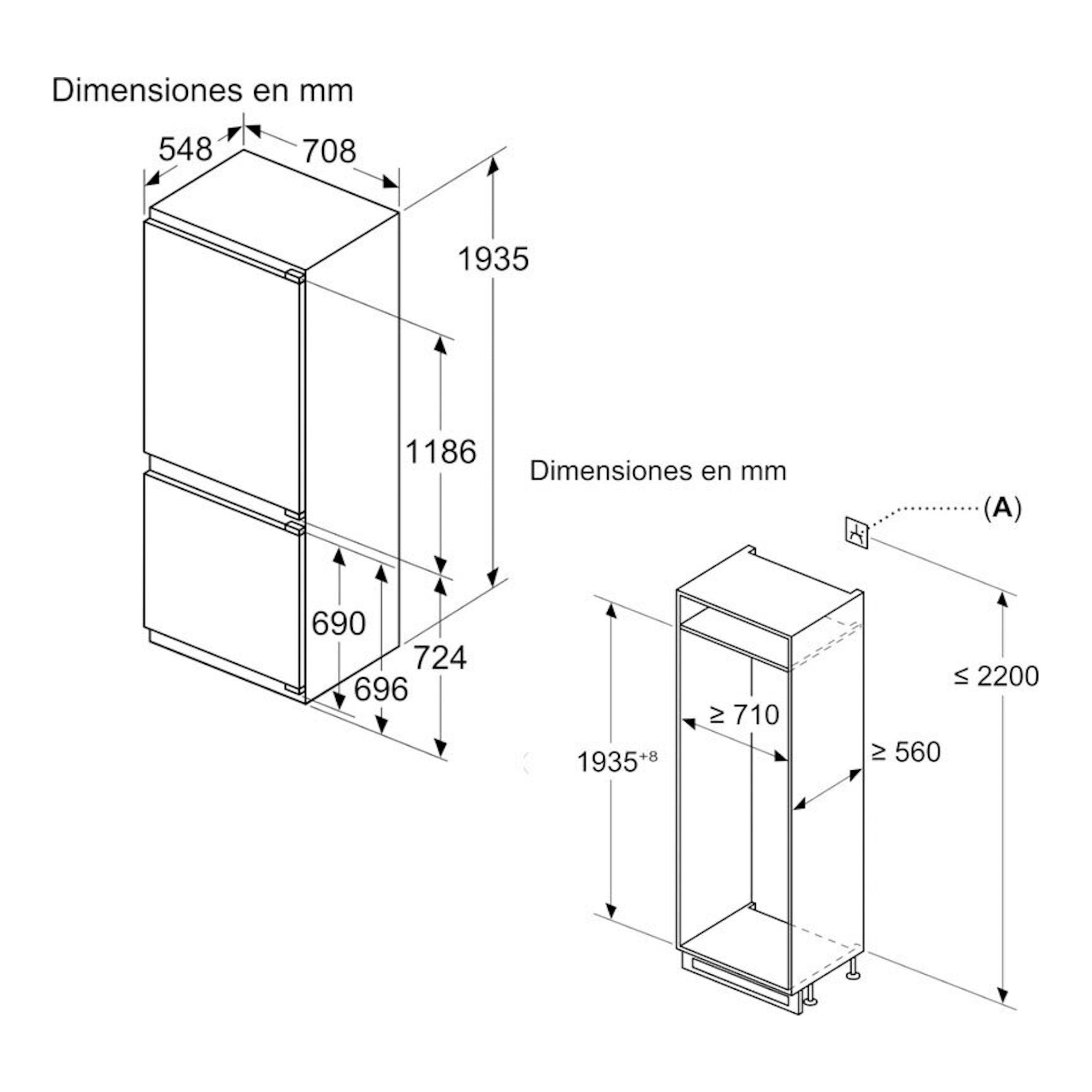 Bosch KBN96ADD0, esquema técnico de frigorífico combi integrable con dimensiones en mm.