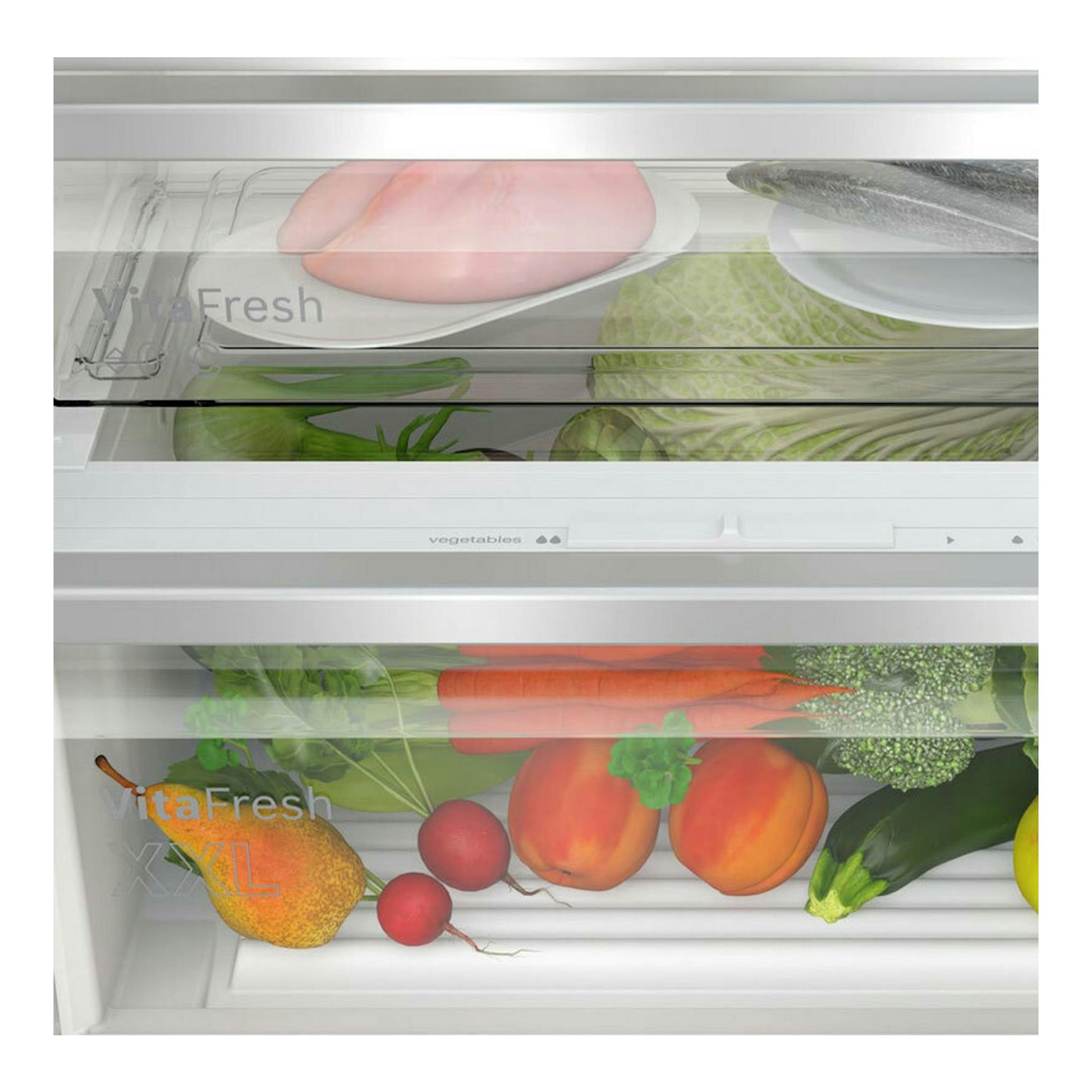 Interior de frigorífico combi Bosch KBN96ADD0 con cajones VitaFresh y frutas y verduras.