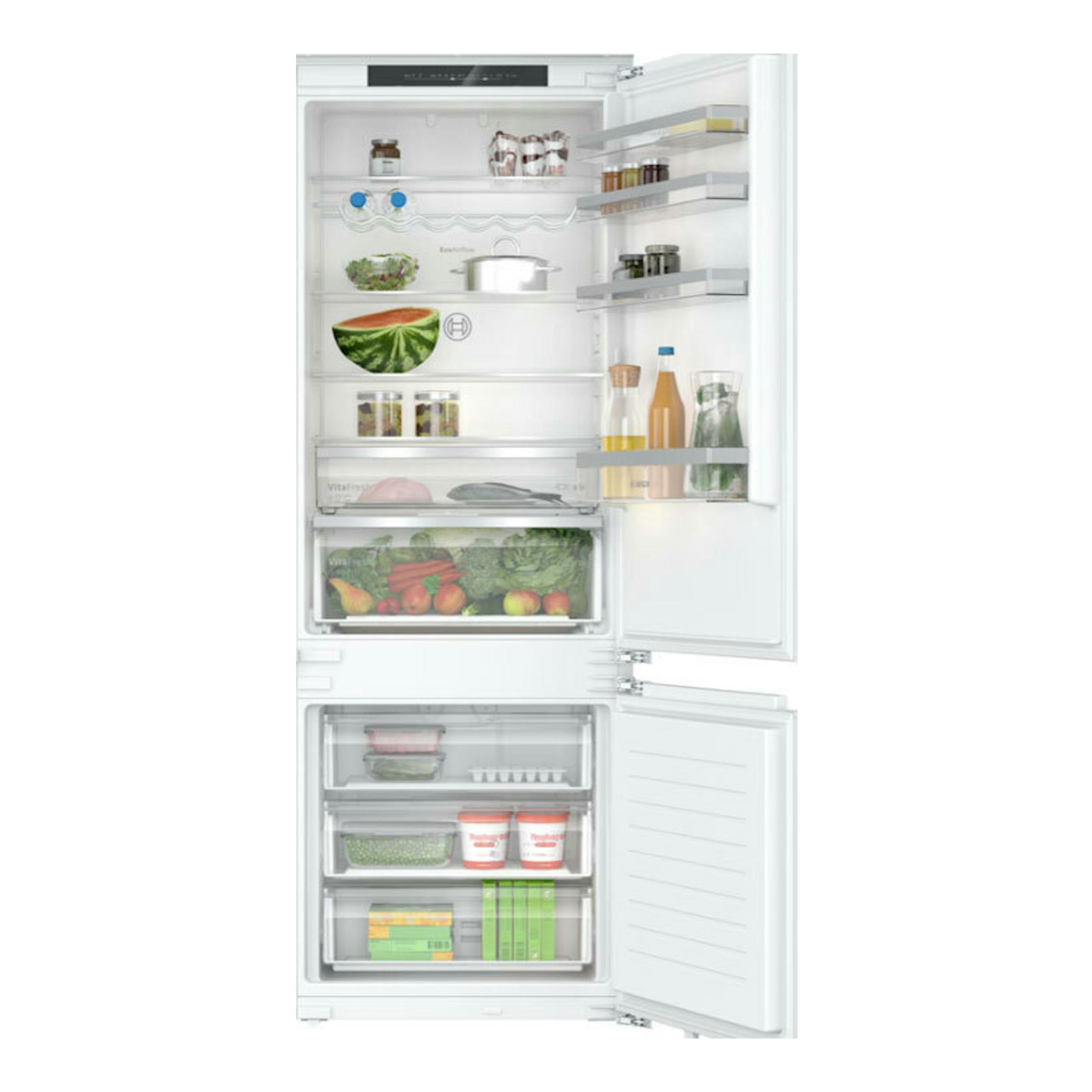 Frigorífico combi integrable Bosch KBN96VFE0, blanco, vista frontal con puertas abiertas e interior visible