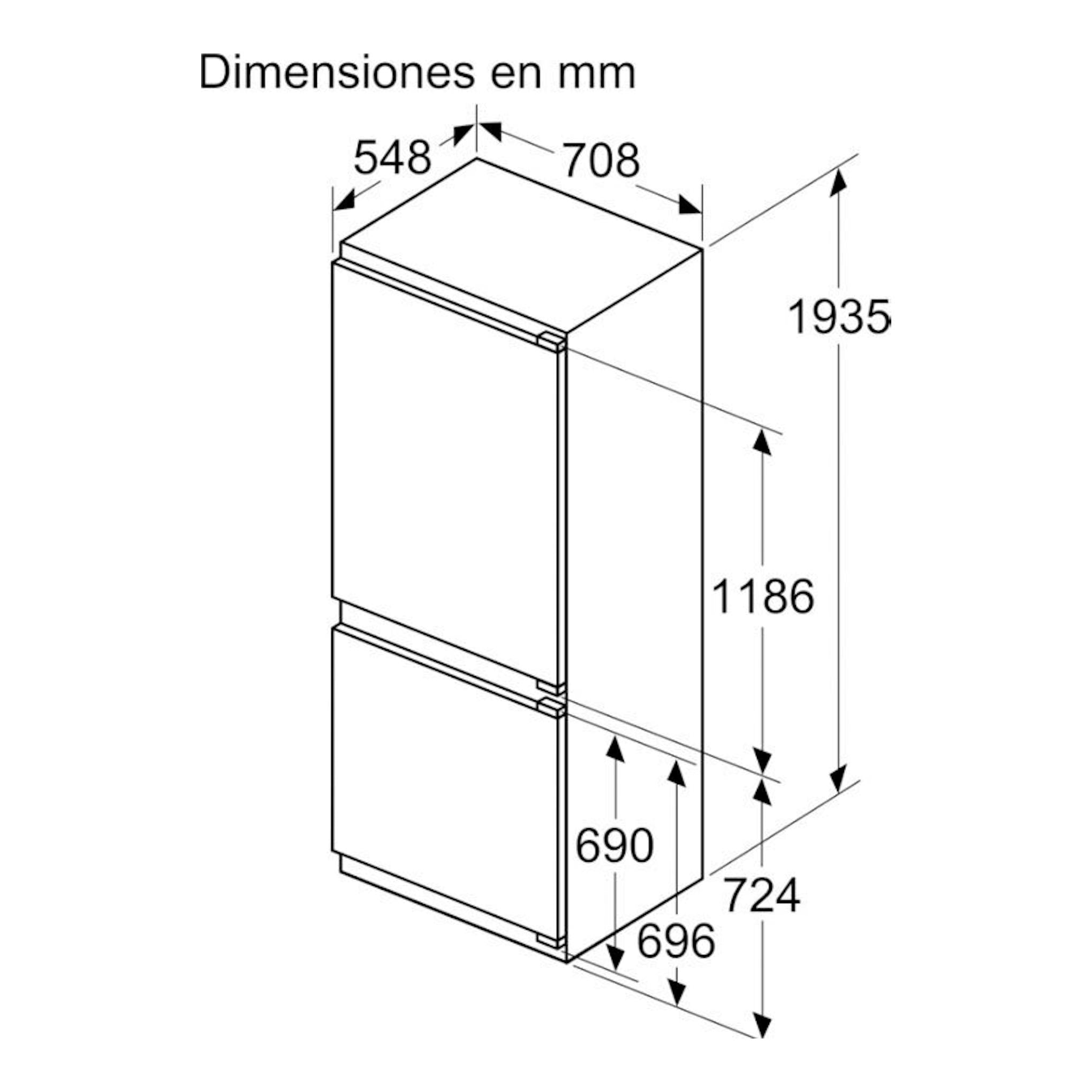 Bosch KBN96VFE0: esquema técnico en perspectiva de frigorífico combi integrable, con medidas en mm sobre fondo blanco.