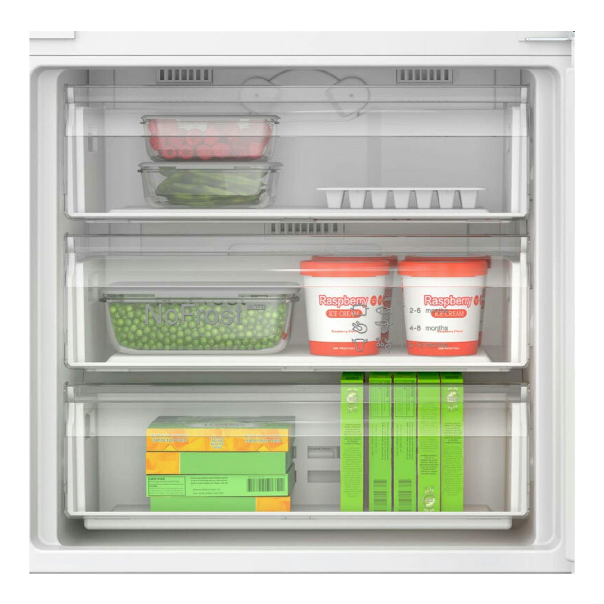 Frigorífico combi integrable Bosch KBN96VFE0, vista frontal interior con estantes de cristal y alimentos.