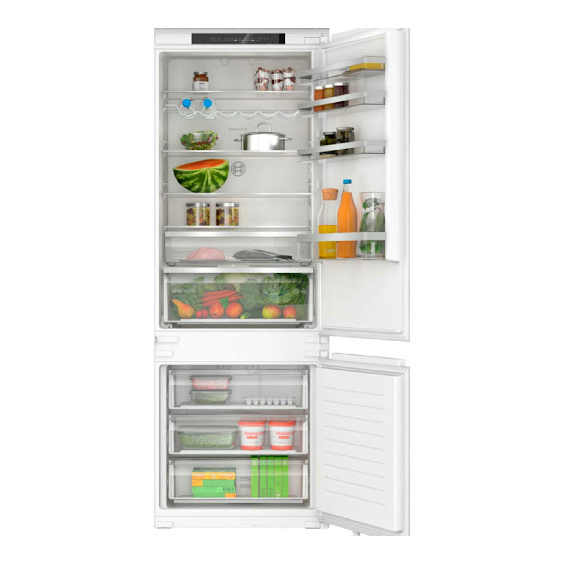 Frigorífico combi integrable Bosch KBN96VSE0, vista frontal abierta en blanco, con frigorífico y congelador visibles.