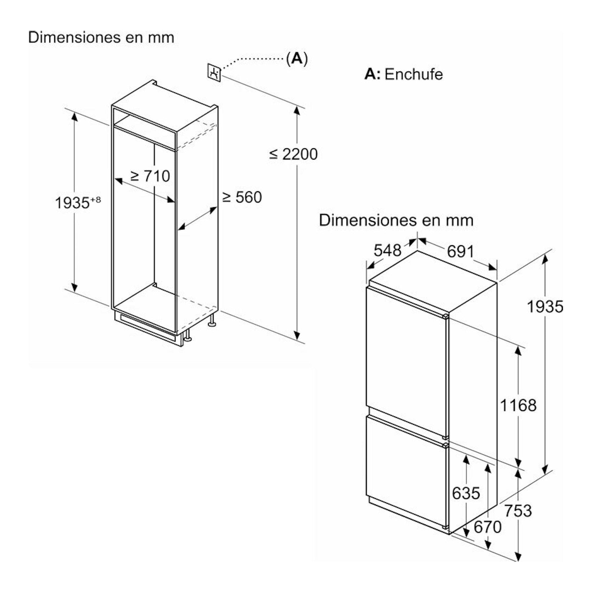 Bosch KBN96VSE0: esquema técnico de dimensiones de frigorífico combi integrable, vistas frontal y lateral.
