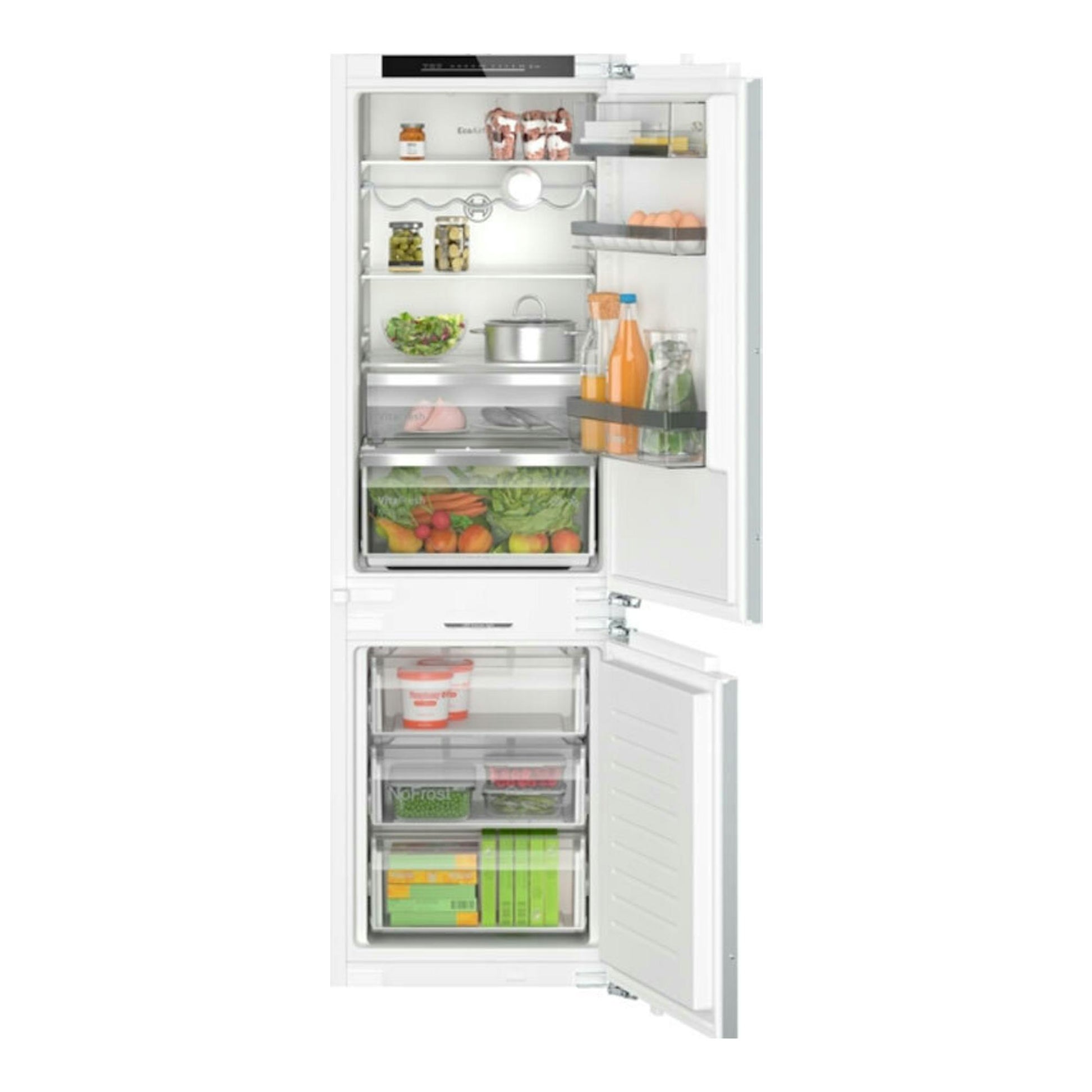 Frigorífico combi integrable Bosch KIN86ADD0, blanco, vista frontal abierta con compartimentos llenos.