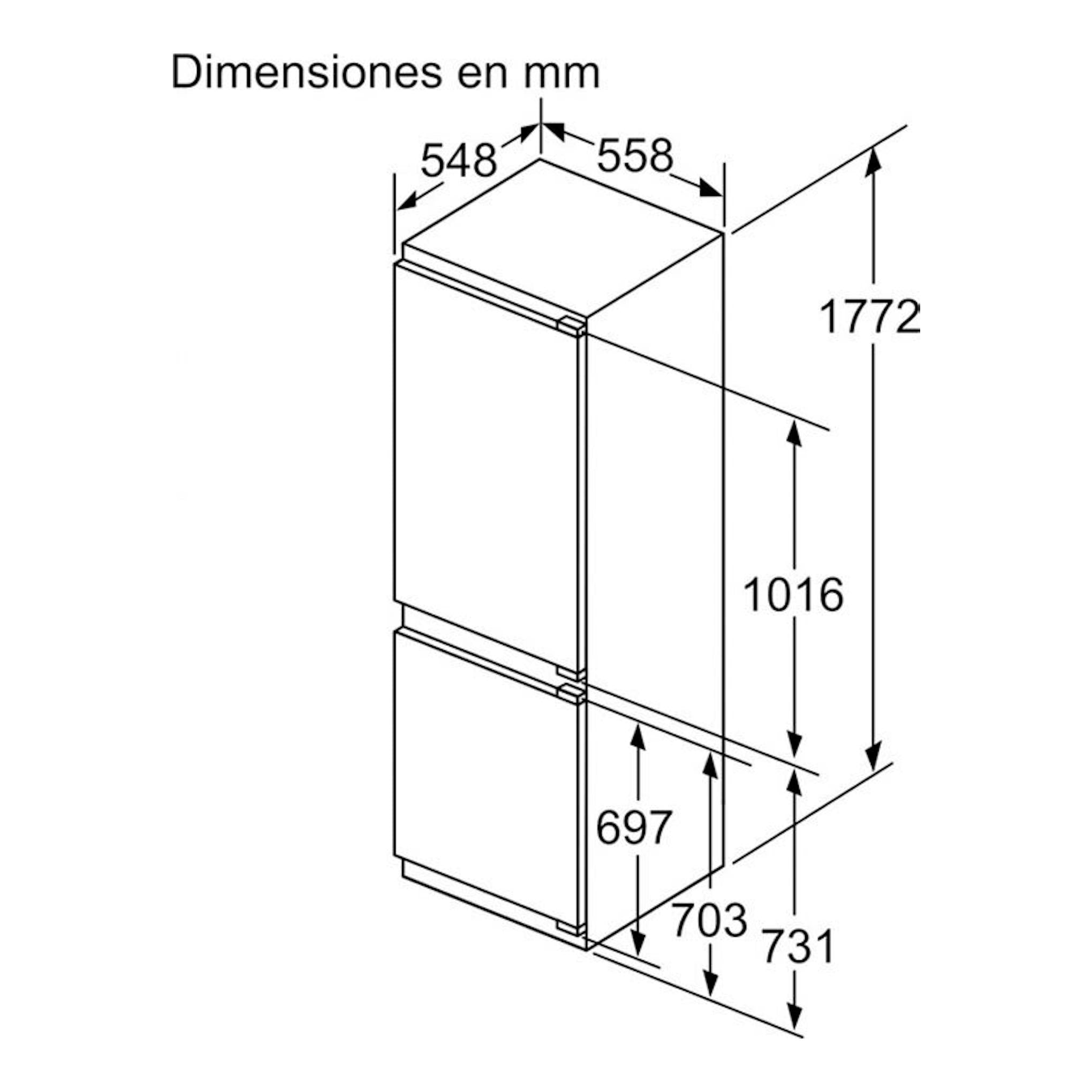 Bosch KIN86ADD0: esquema de dimensiones en mm de frigorífico combi integrable, vista frontal y lateral.