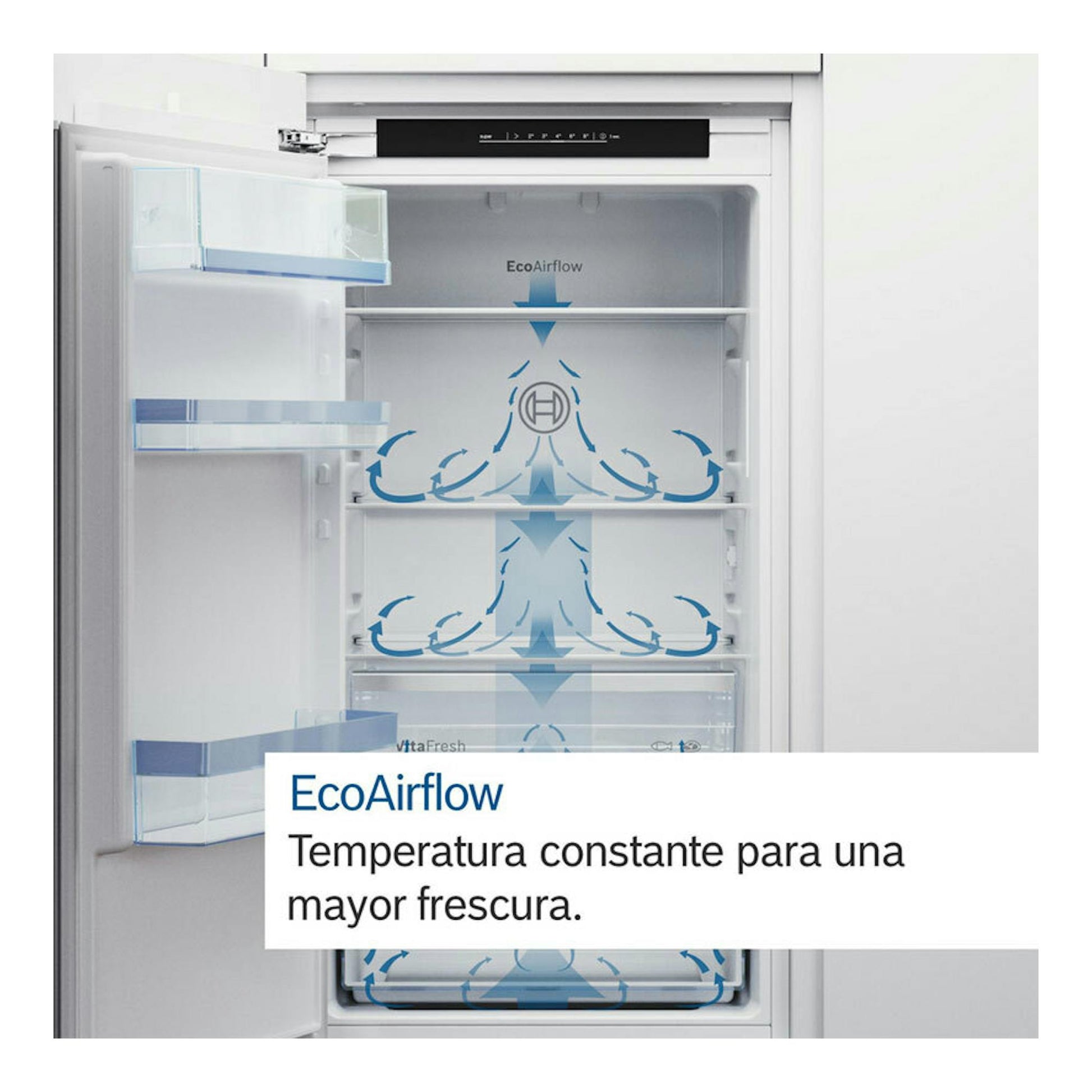 Frigorífico integrable Bosch KIN86ADD0 abierto, con interior blanco y gráfico EcoAirflow en el compartimento.