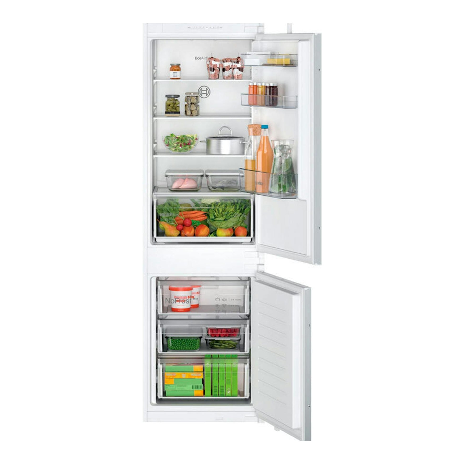 Frigorífico combi integrable Bosch KIN86NSE0, blanco, con puertas abiertas y vista frontal del interior.