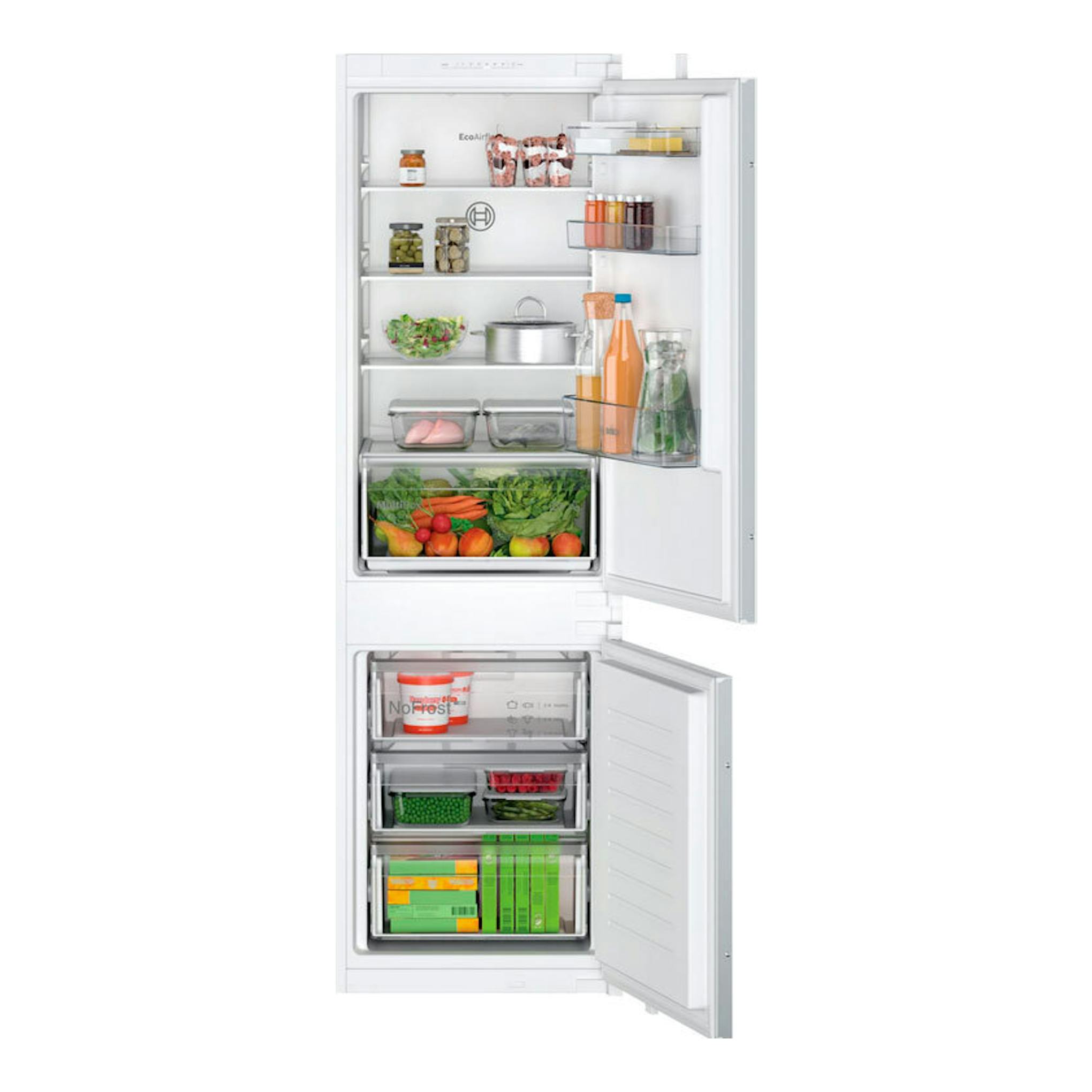 Frigorífico combi integrable Bosch KIN86NSE0, blanco, con puertas abiertas y vista frontal del interior.