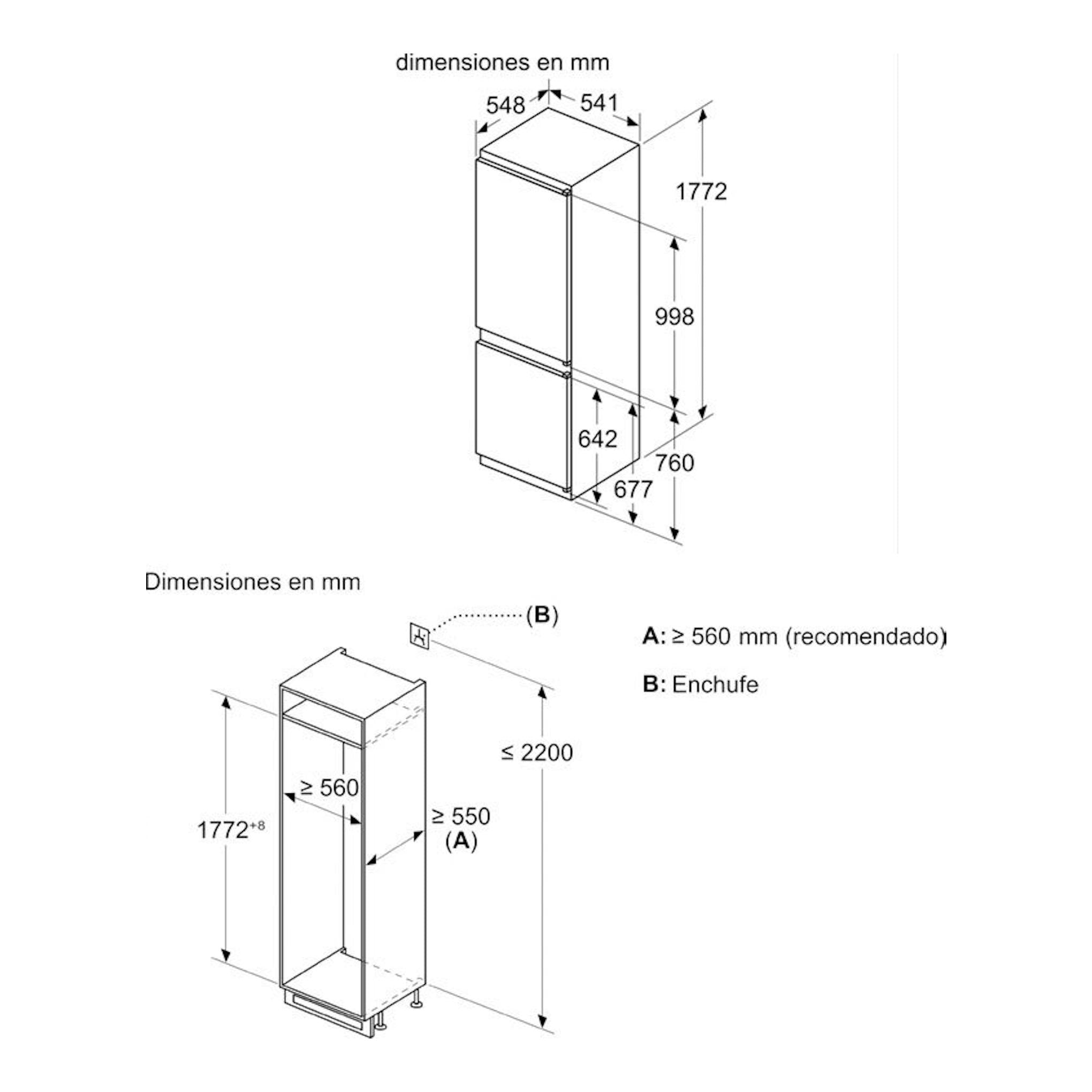 Bosch KIN86NSE0: esquema técnico en blanco y negro de frigorífico combi integrable, vista isométrica con medidas.