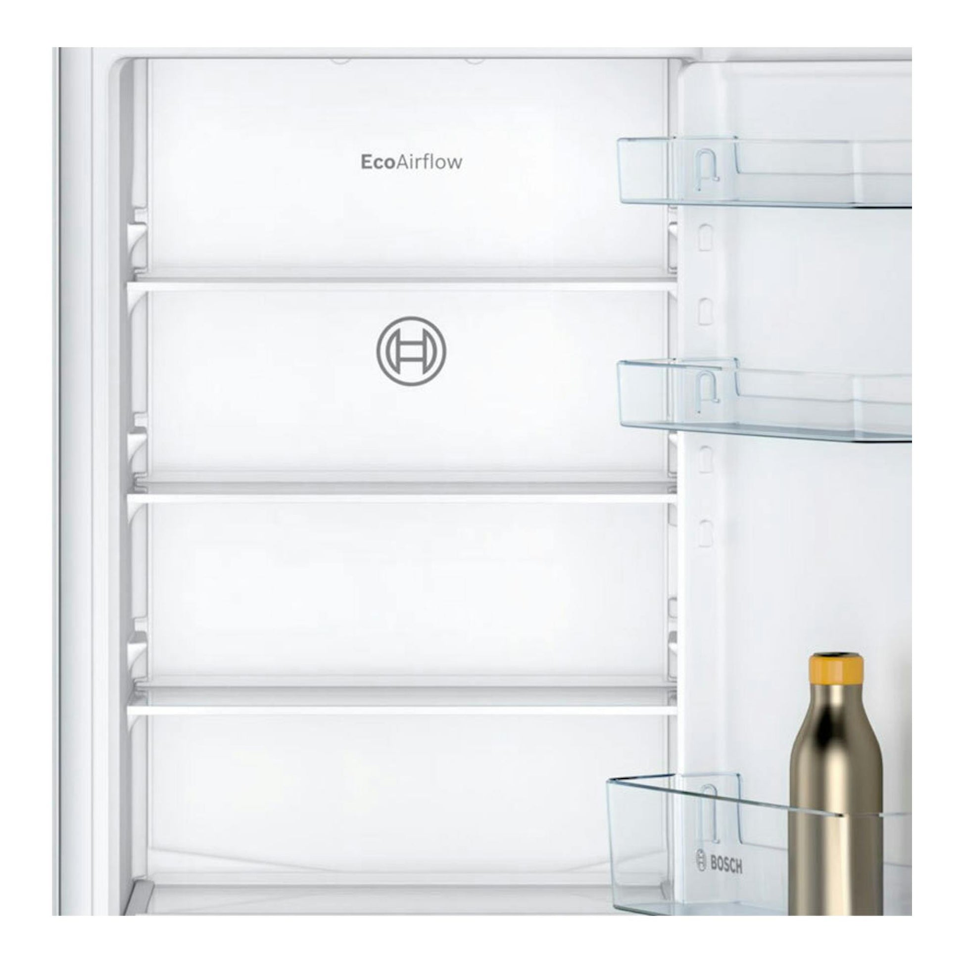 Interior frontal de frigorífico combi integrable Bosch KIN86NSE0, en blanco, con baldas y cajones transparentes.