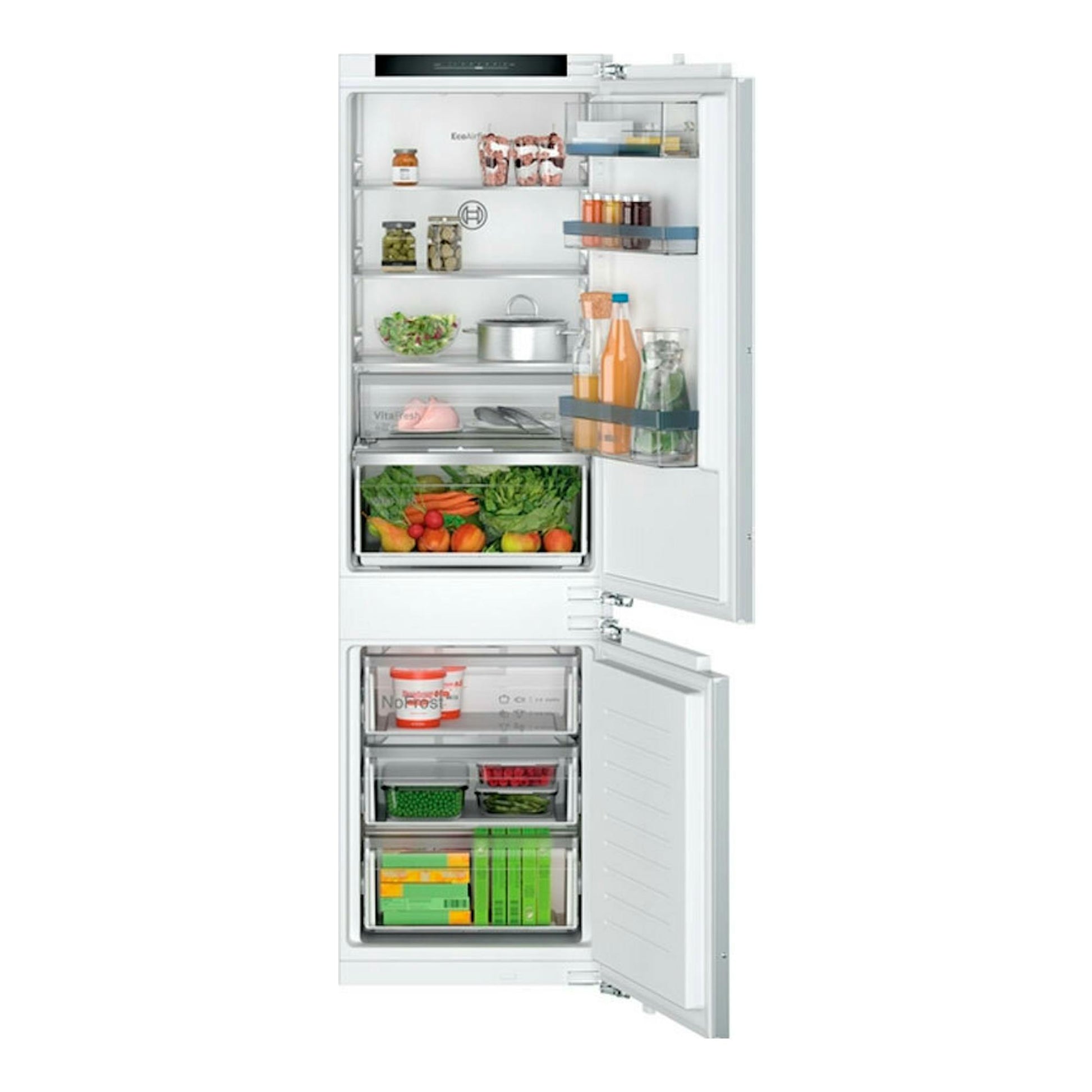 Frigorífico combi integrable Bosch KIN86VFE0 blanco, vista frontal abierta, con alimentos en baldas y cajones.