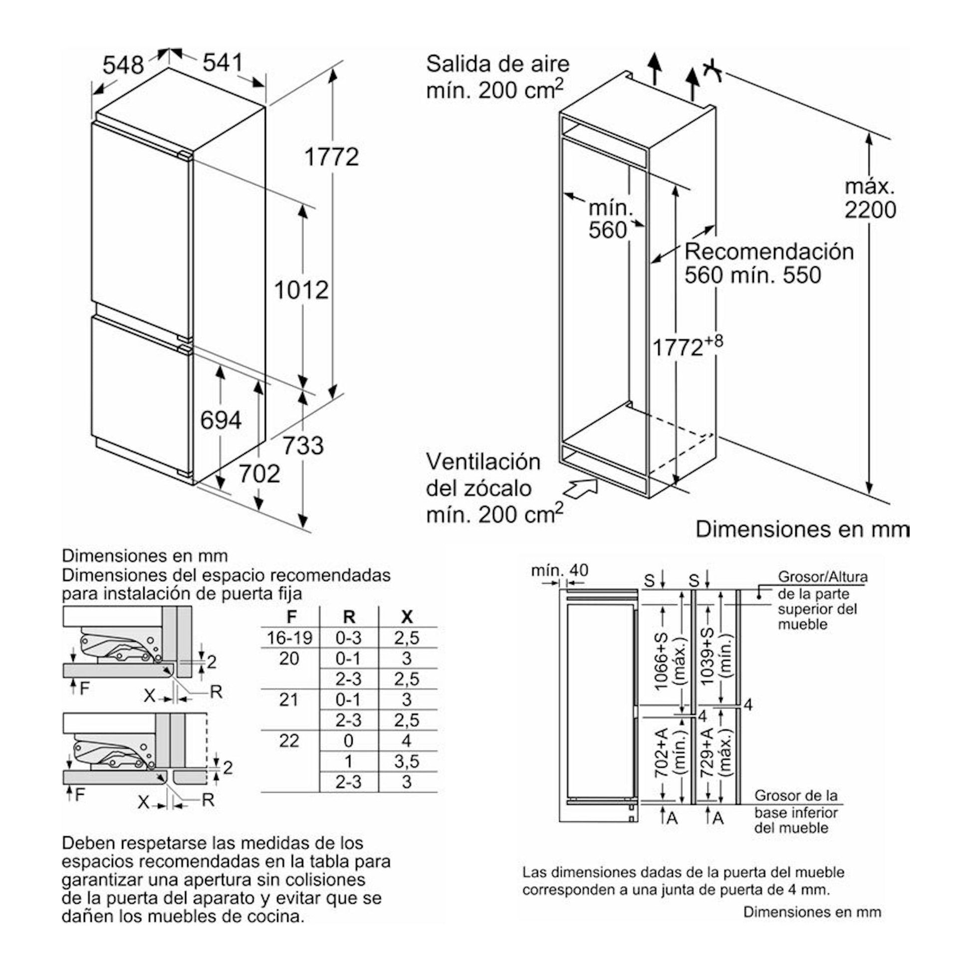 Diagrama técnico del frigorífico combi integrable Bosch KIN86VFE0, con vistas frontal y lateral y cotas de instalación.