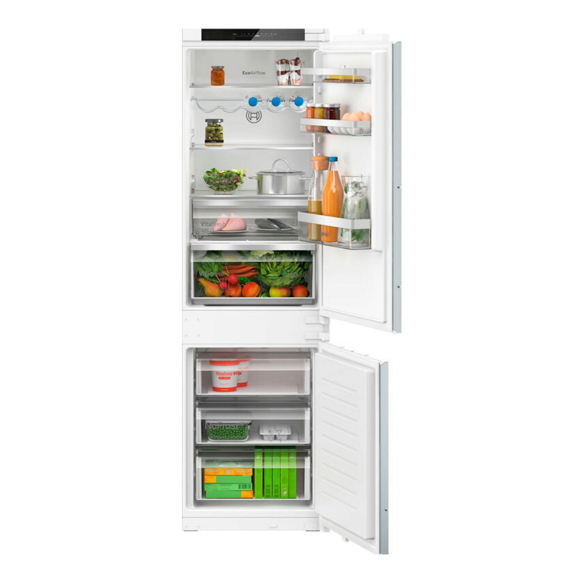 Frigorífico combi integrable Bosch KIN86VSE0, vista frontal con puertas abiertas y cajones visibles.