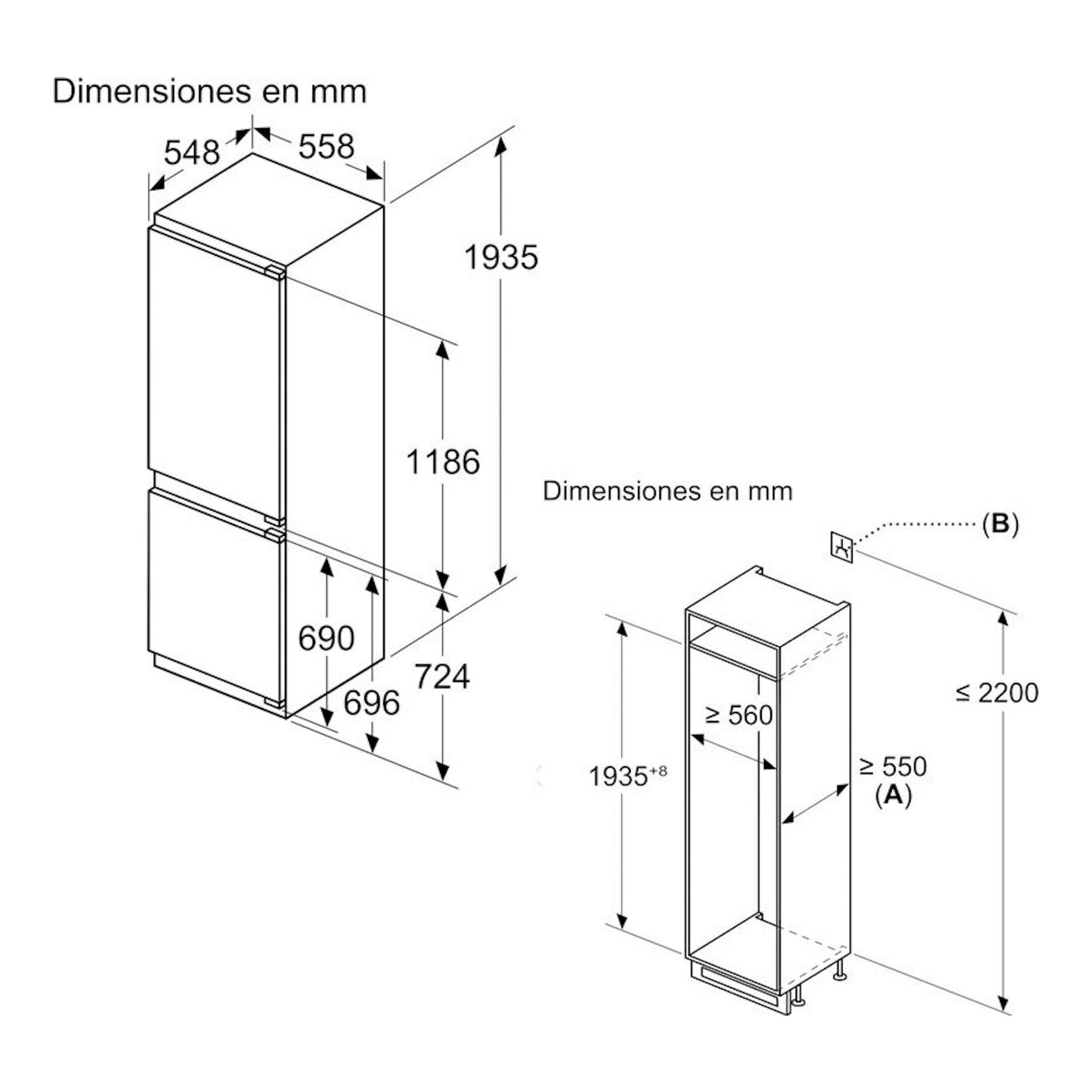 Bosch KIN96VFD0, esquema en blanco y negro de frigorífico combi integrable con vistas frontal y lateral y medidas.
