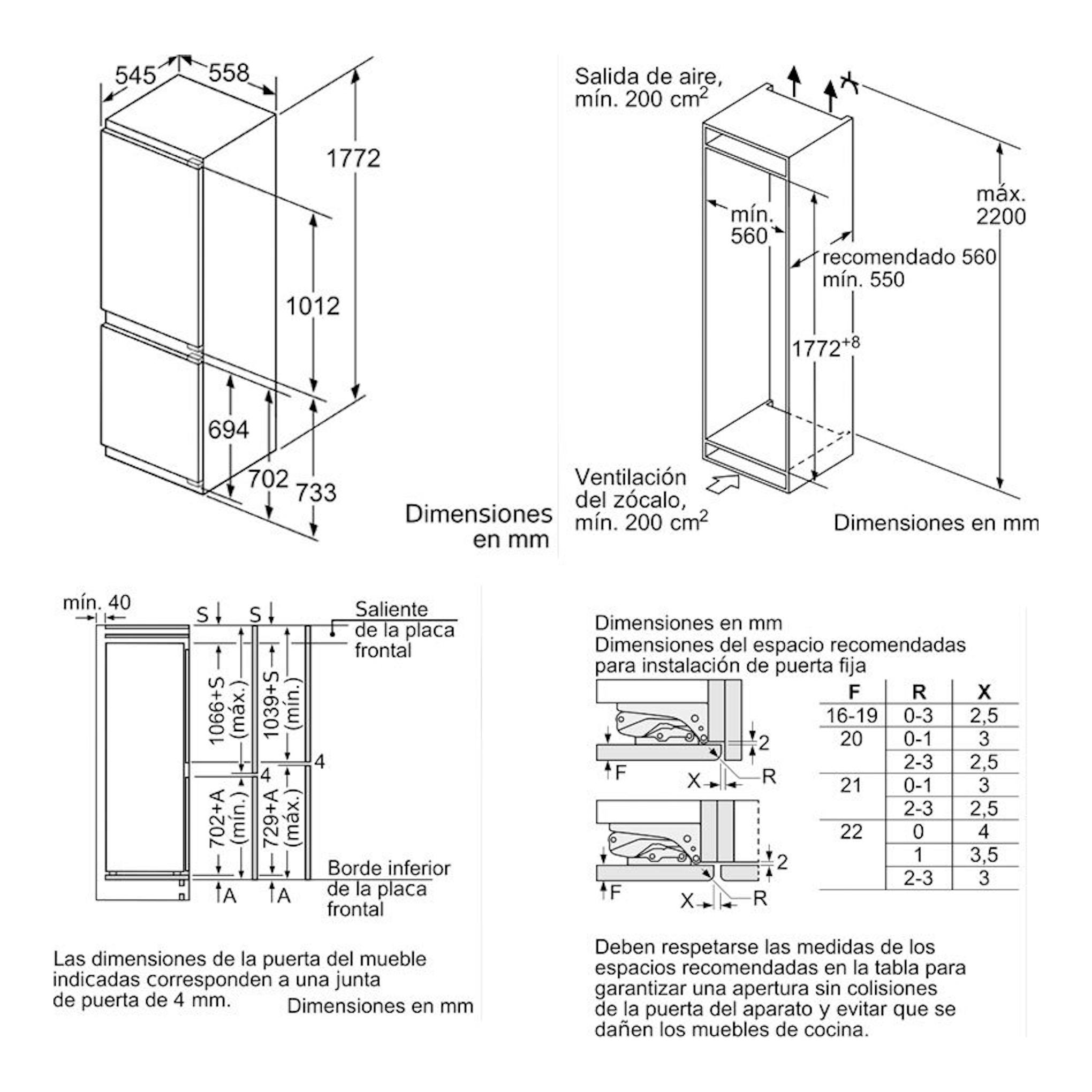 Bosch KIS86AFE0: esquema técnico frontal en blanco y negro de frigorífico combi integrable, con medidas y ventilación.