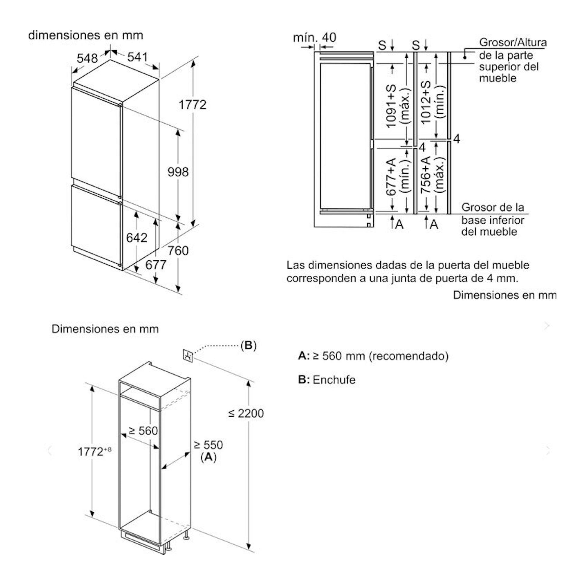 Bosch KIV86NSE0, esquema técnico de medidas de frigorífico combi integrable en blanco, con vistas frontal y lateral.