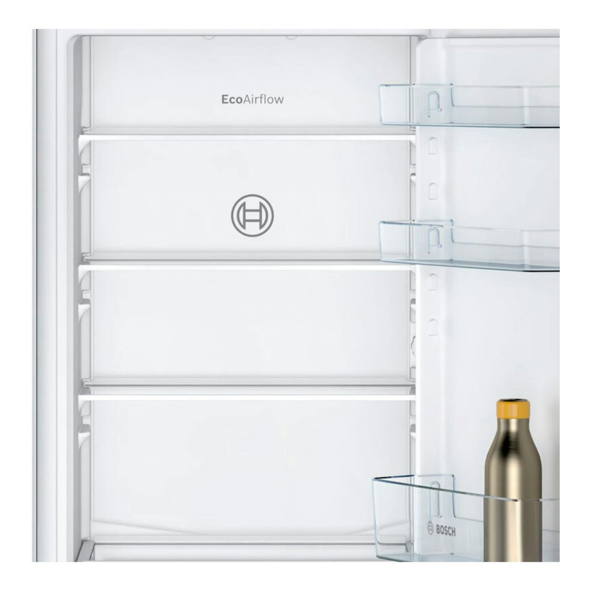 Interior de frigorífico combi integrable Bosch KIV86NSE0, con baldas blancas y cajones transparentes.
