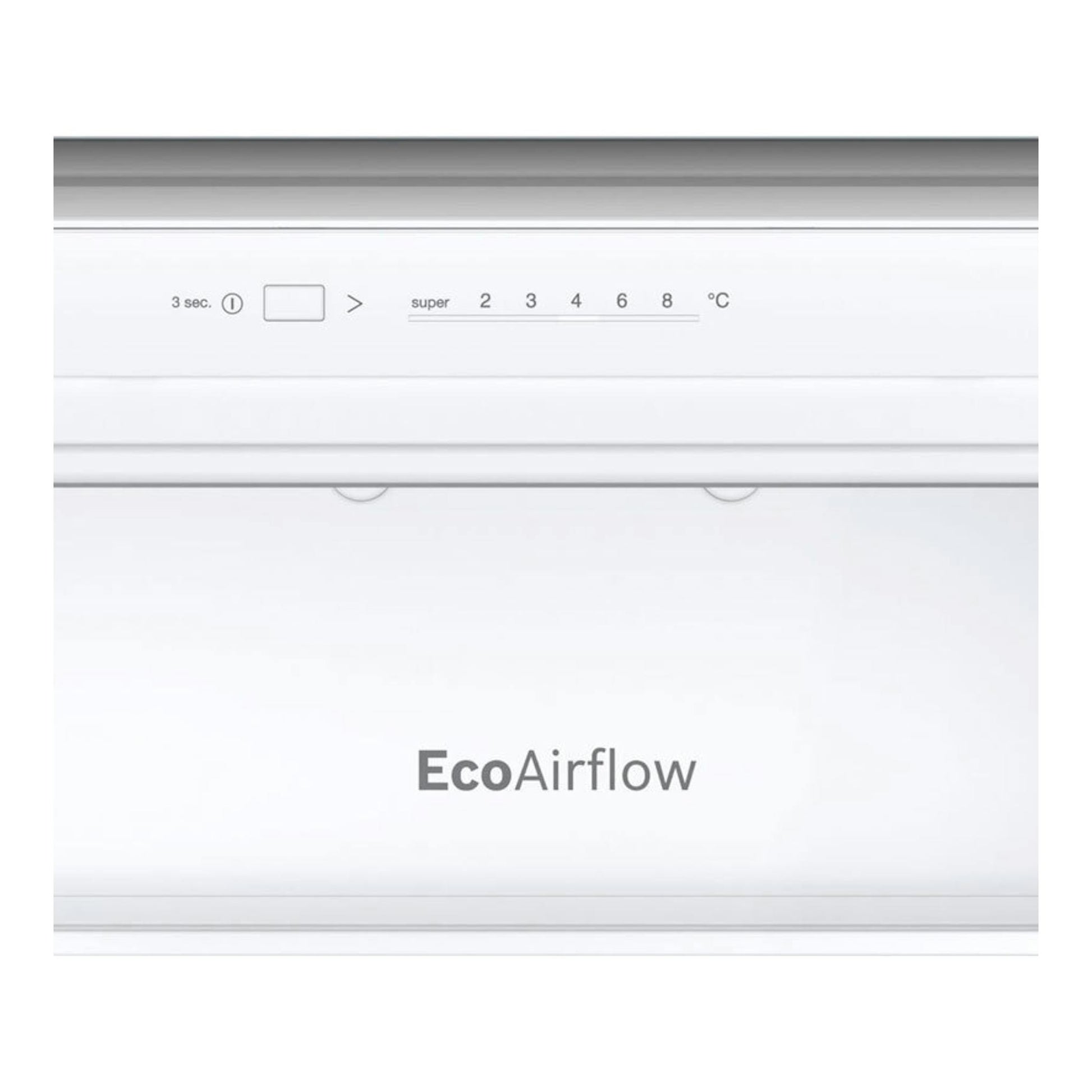 Vista frontal de panel blanco de frigorífico integrable Bosch KIV86NSE0, con control de temperatura y EcoAirflow.