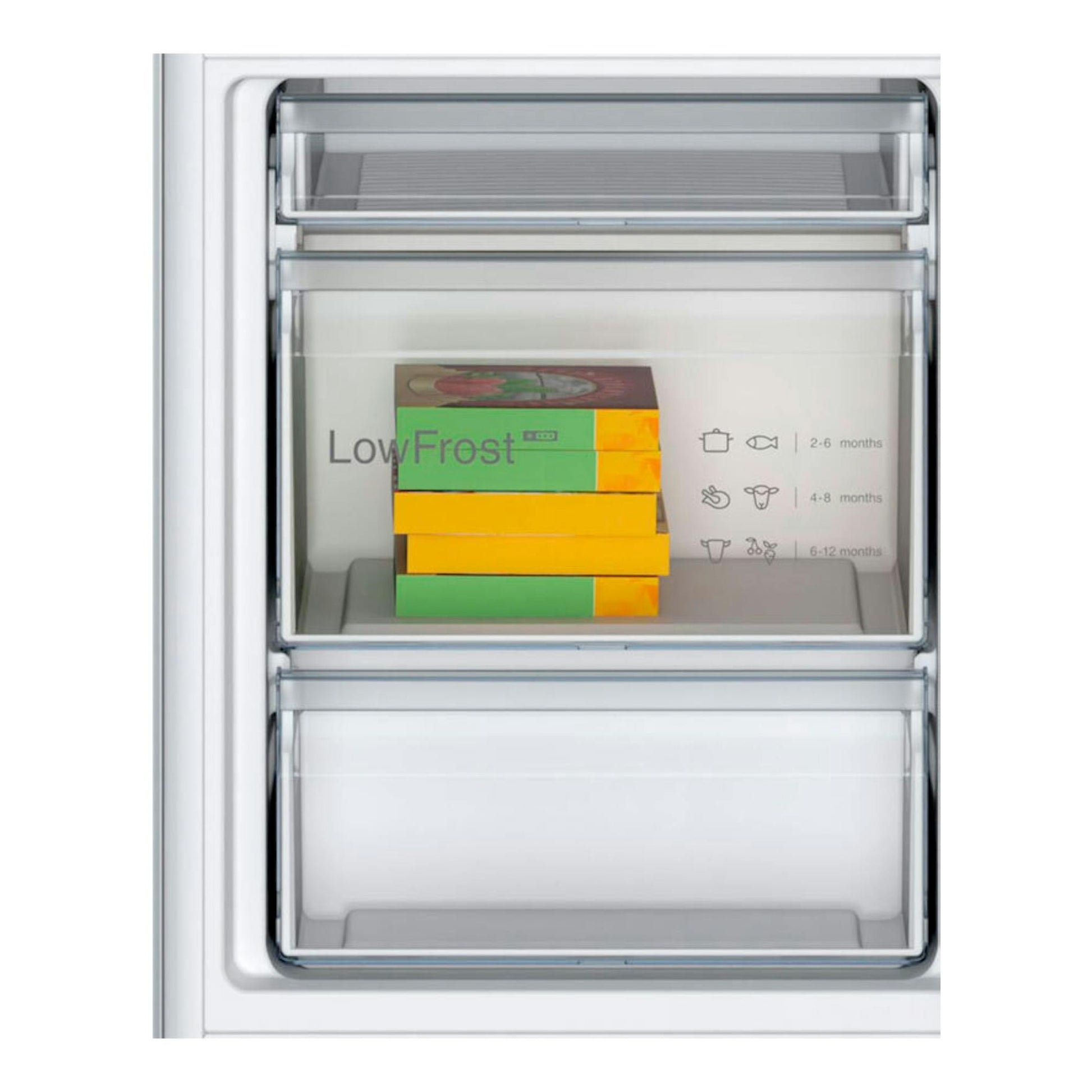 Bosch KIV86NSE0, interior de congelador blanco con dos cajones transparentes y sistema LowFrost.
