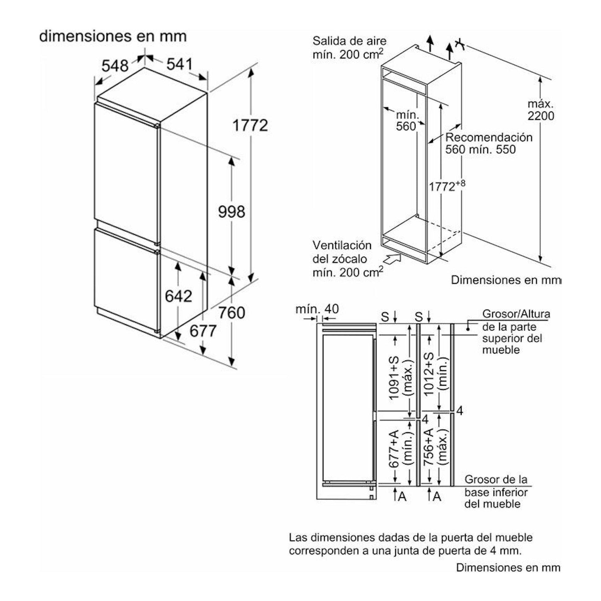 Bosch KIV86VSE0: esquema técnico de frigorífico combi integrable con medidas, ventilación y vistas frontal y lateral.