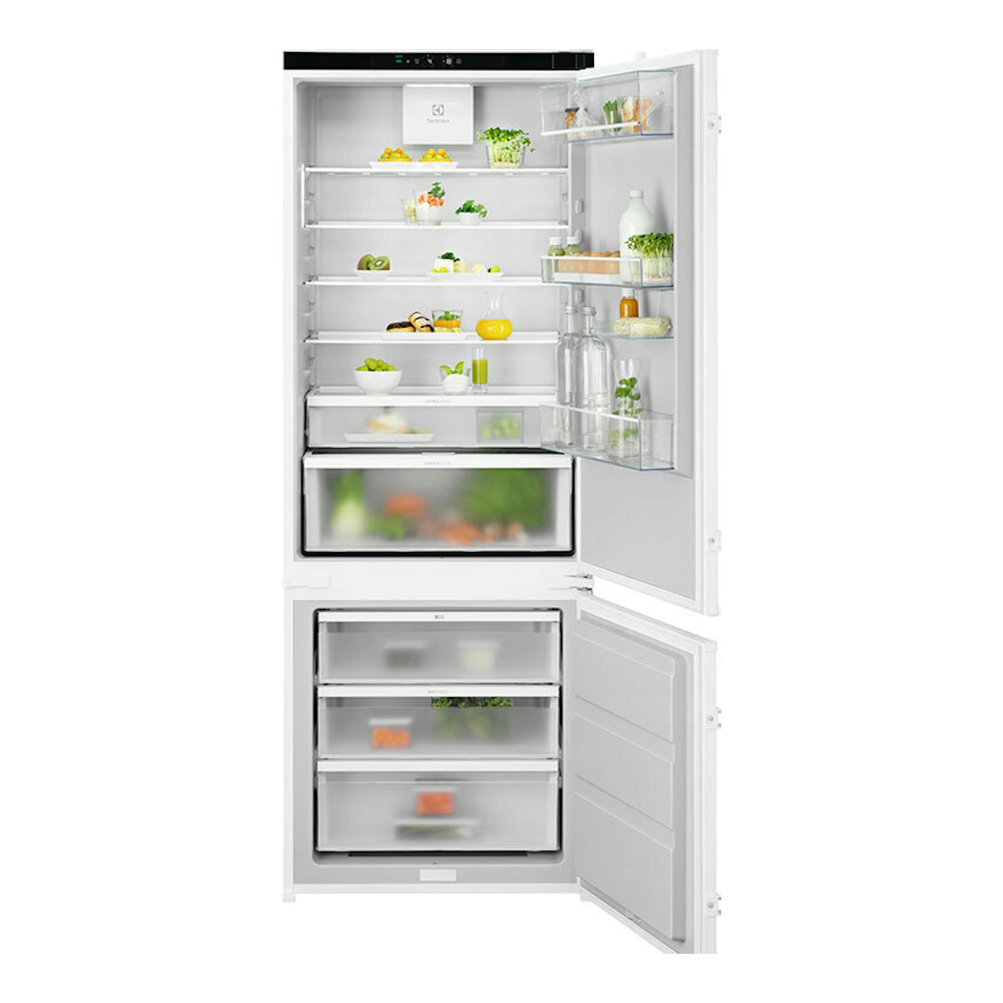 Frigorífico combi integrable Electrolux ENG7TE75S, blanco, vista frontal con puertas abiertas.