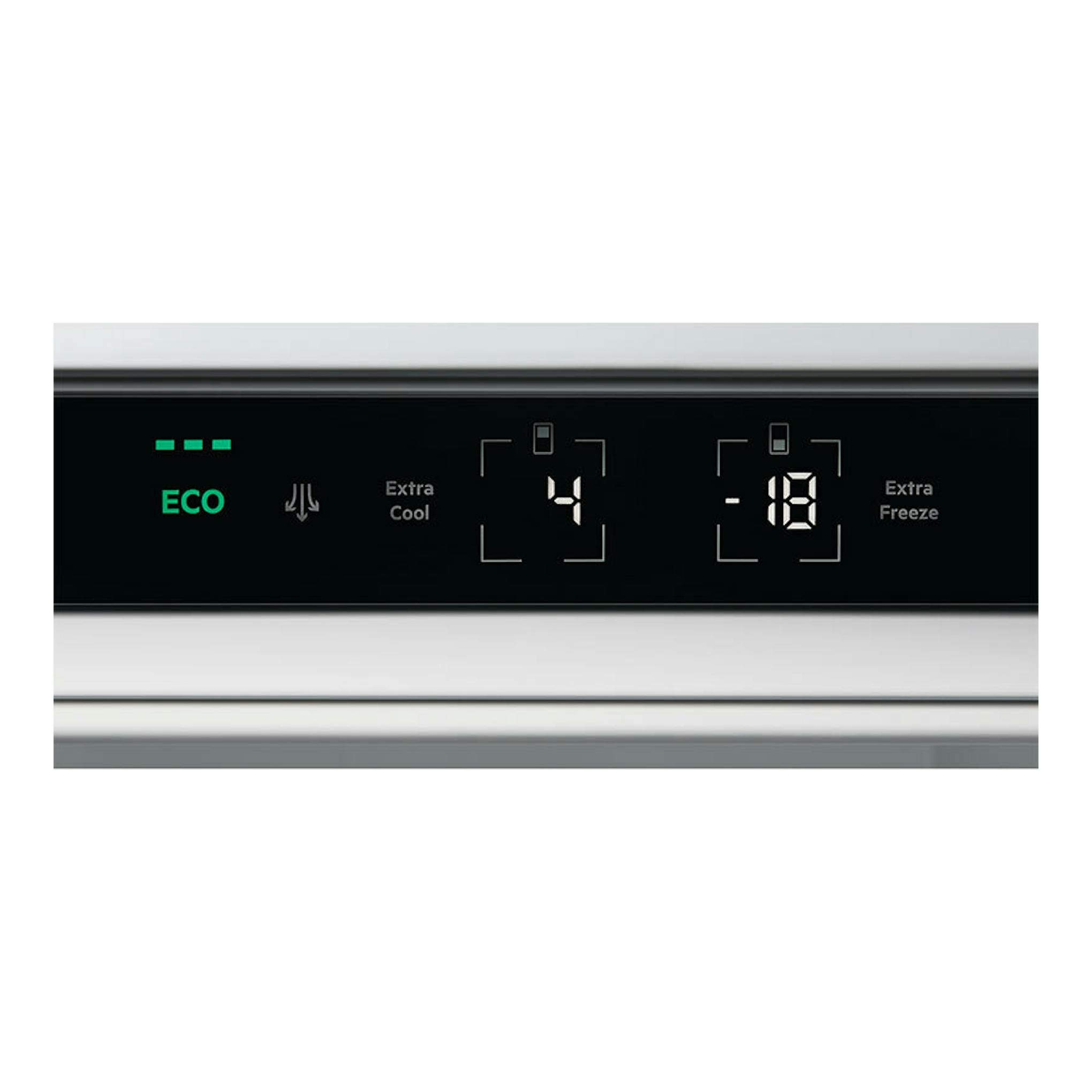 Panel frontal negro de frigorífico integrable Electrolux ENG7TE75S con display ECO, 4 °C y -18 °C.