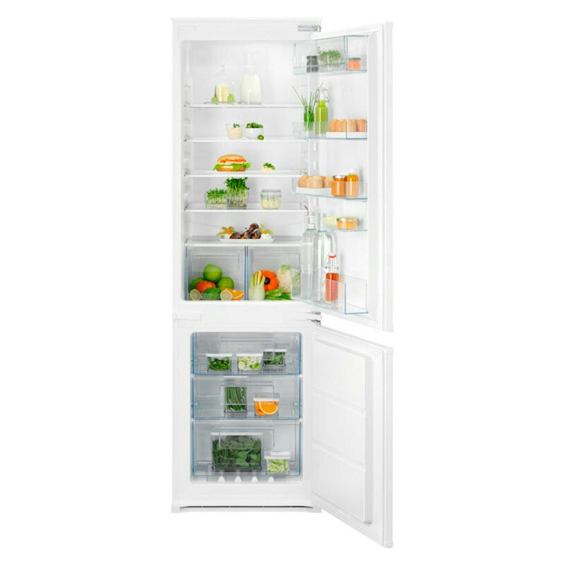 Frigorífico combi integrable Electrolux ENT6NE18S, vista frontal abierta en blanco, con estantes y cajones.