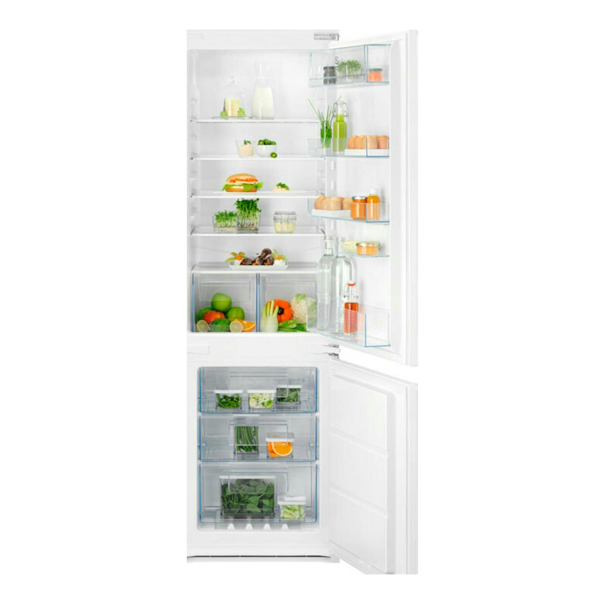Frigorífico combi integrable Electrolux ENT6NE18S, vista frontal abierta en blanco, con estantes y cajones.