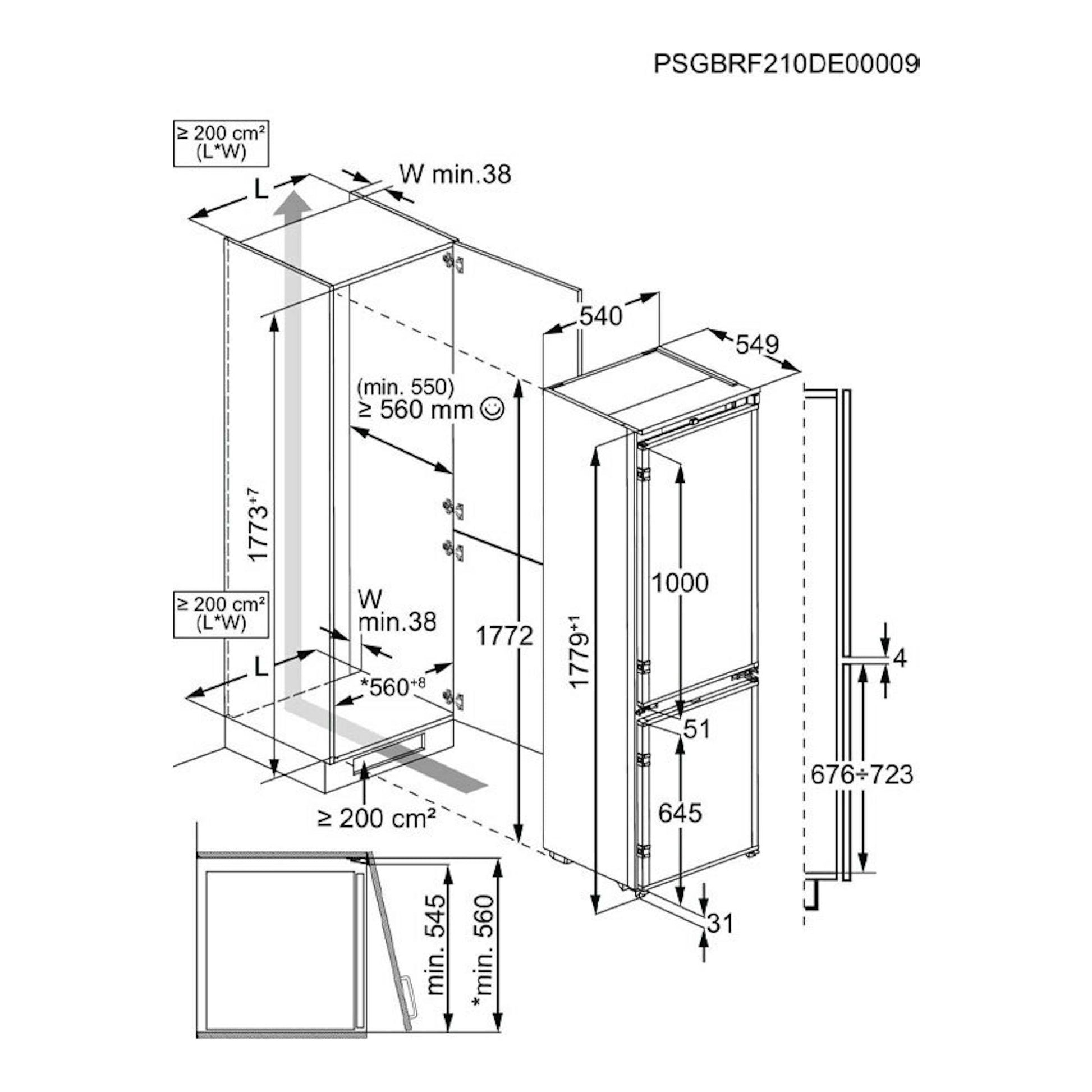 Frigorífico combi integrable Electrolux ENT6NE18S, esquema técnico con medidas de instalación.