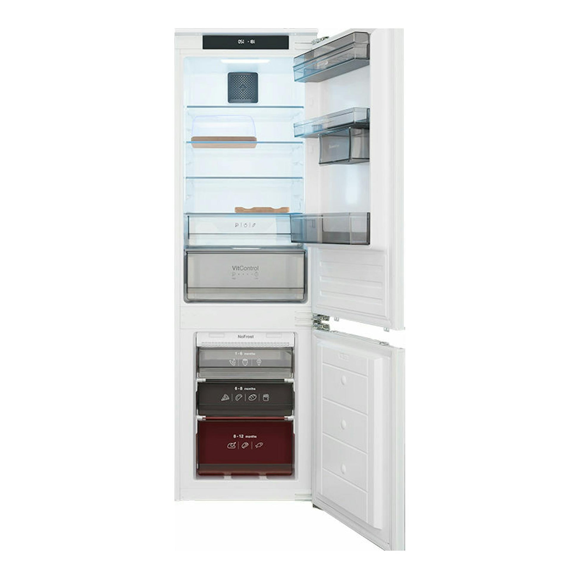 Frigorífico combi integrable Fagor 3FIC-5550, abierto en vista frontal, blanco, con interior y cajones visibles.