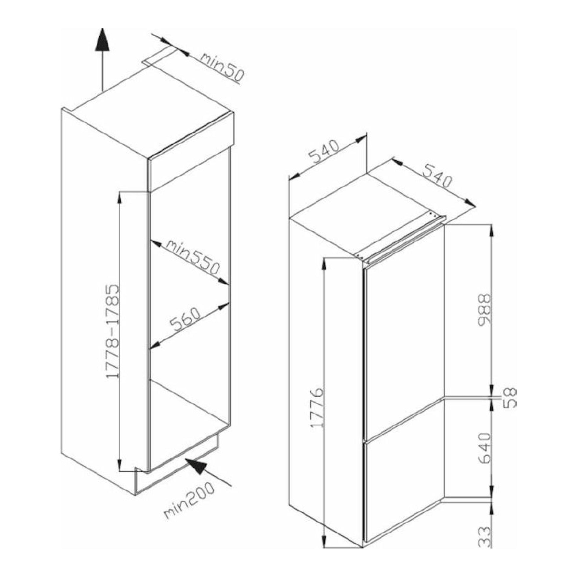 Esquema técnico del frigorífico integrable Fagor 3FIC-5550 en vista isométrica, con medidas en mm.