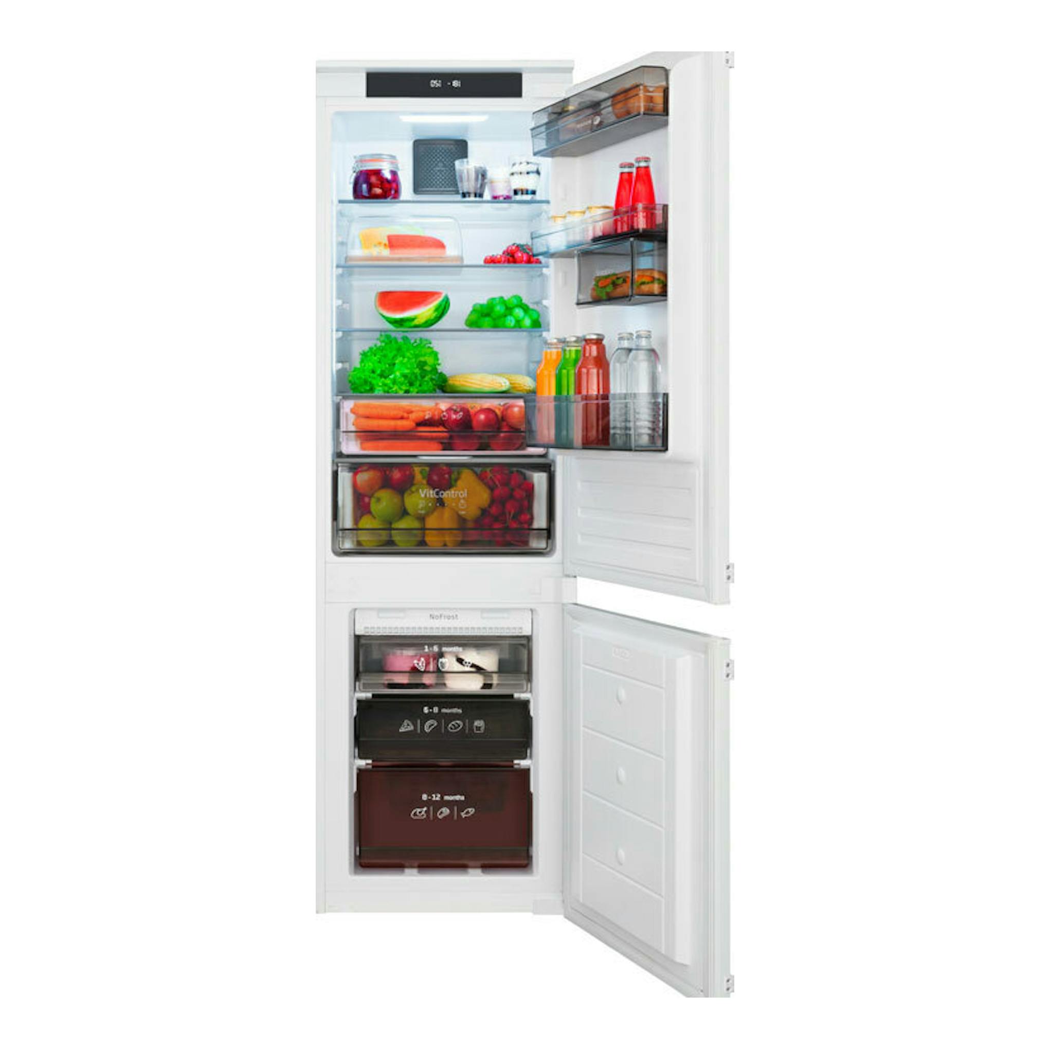 Frigorífico combi integrable Fagor 3FIC-5550 blanco, vista frontal con puertas abiertas y cajones visibles.