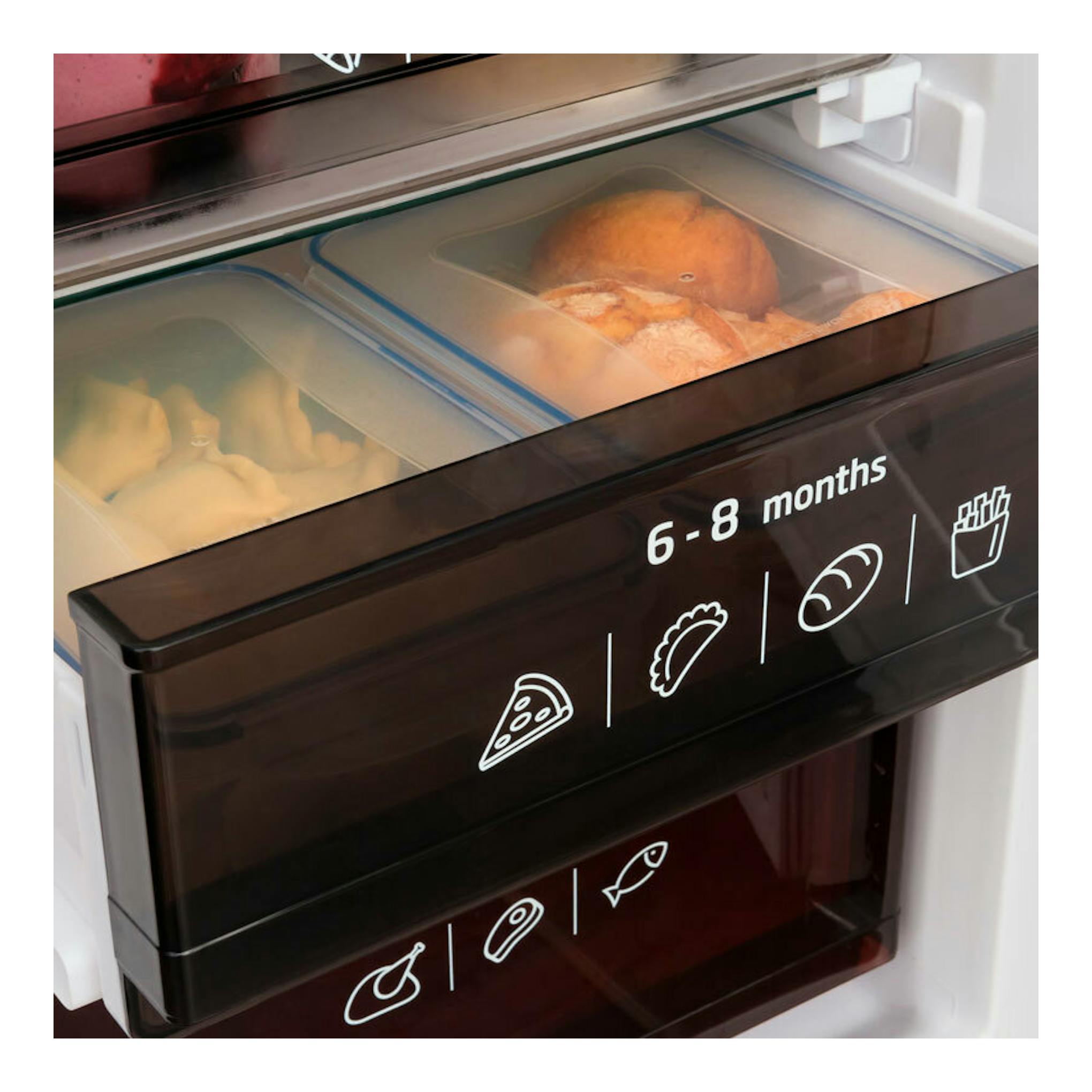 Fagor 3FIC-5550: cajones de congelador blancos y translúcidos con pictogramas de alimentos, vista frontal.