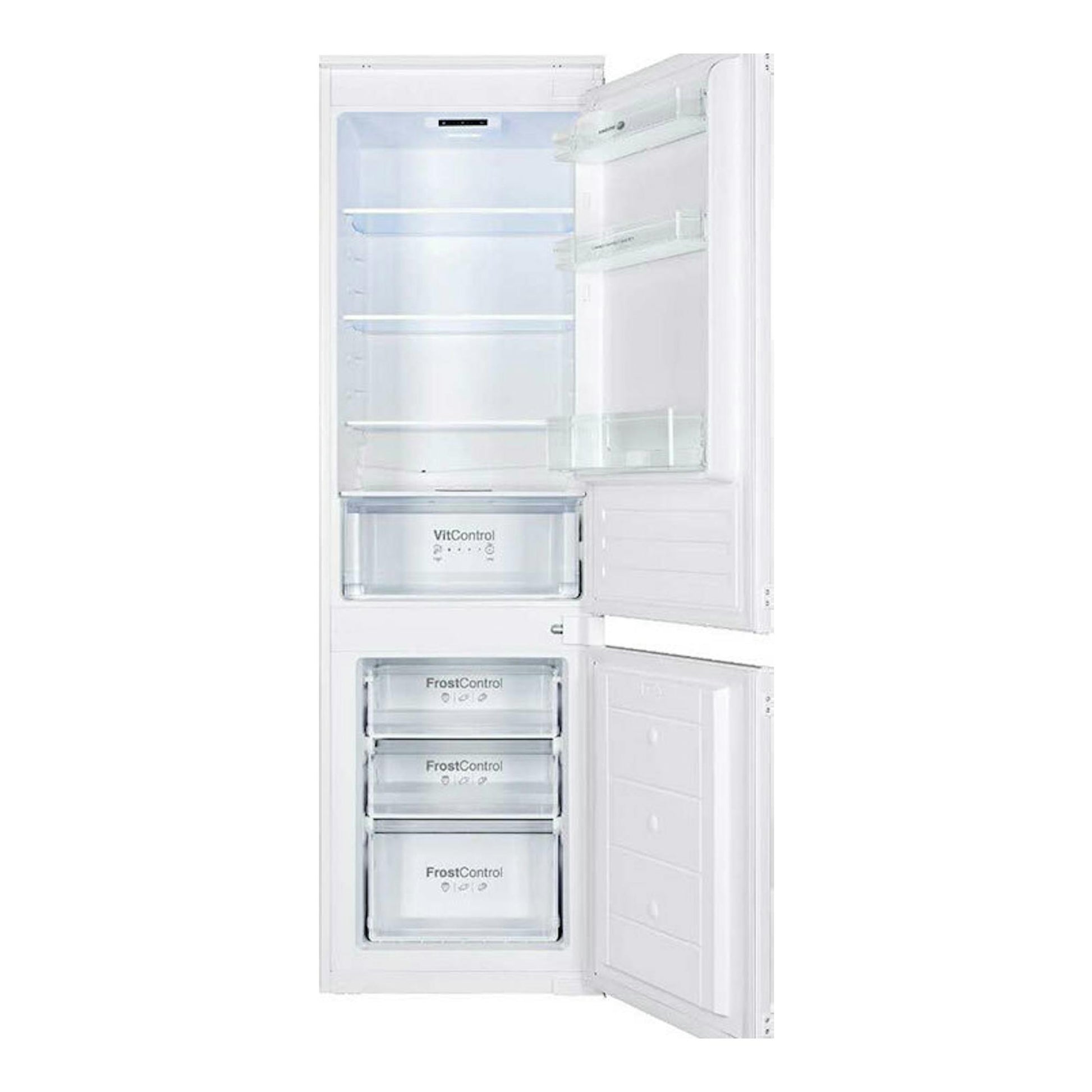 Frigorífico combi integrable Fagor 3FIC5431 blanco, vista frontal con puertas abiertas e interior visible.