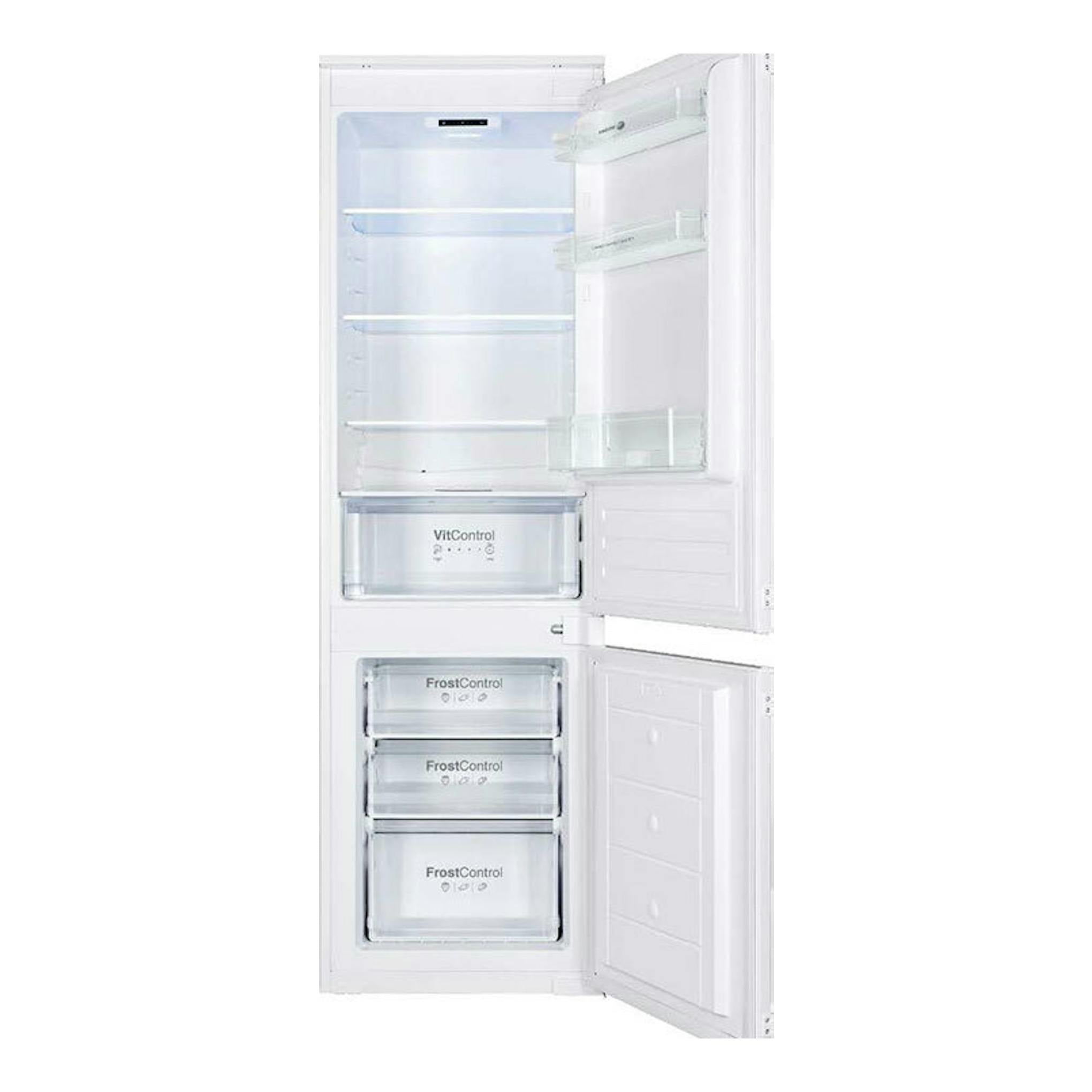 Frigorífico combi integrable Fagor 3FIC5431 blanco, vista frontal con puertas abiertas e interior visible.