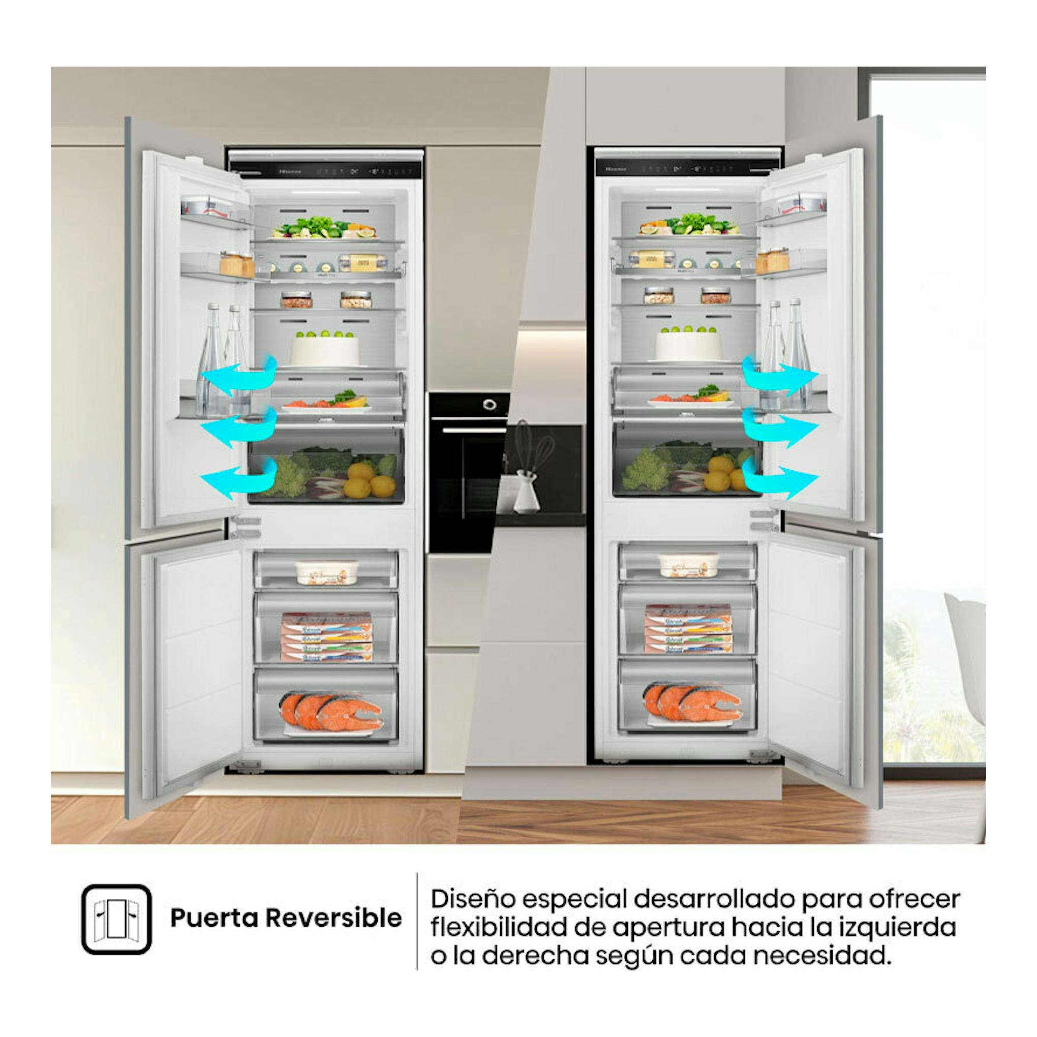 Frigorífico combi integrable Hisense RB3B250SAWE, vista frontal con puertas abiertas y sistema de puerta reversible.