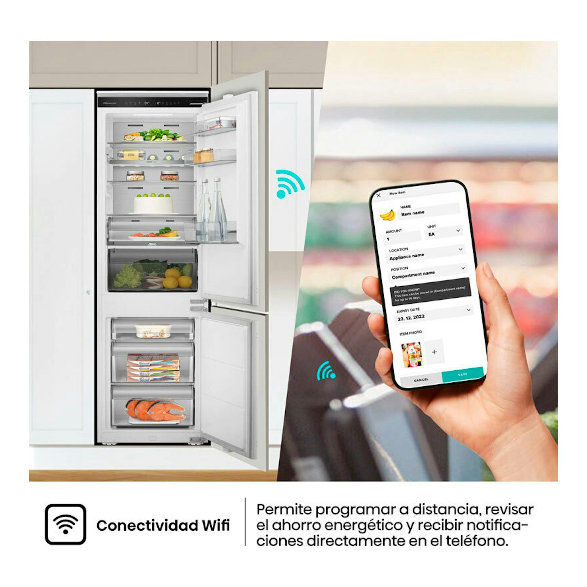 Frigorífico combi integrable Hisense RB3B250SAWE, vista frontal con puerta abierta y móvil con app Wi‑Fi.