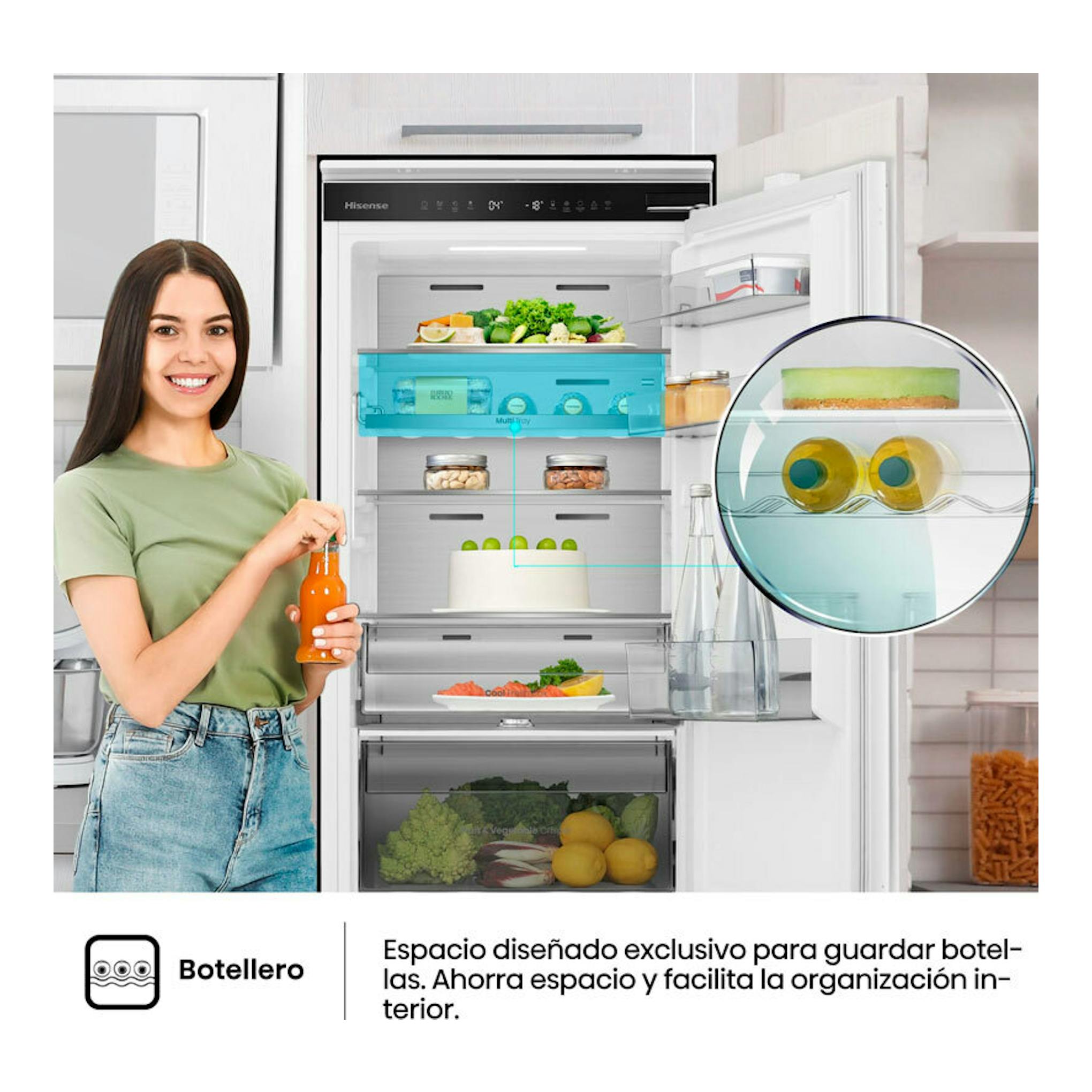 Frigorífico combi integrable Hisense blanco, visto de frente y abierto, con mujer y estantes llenos.