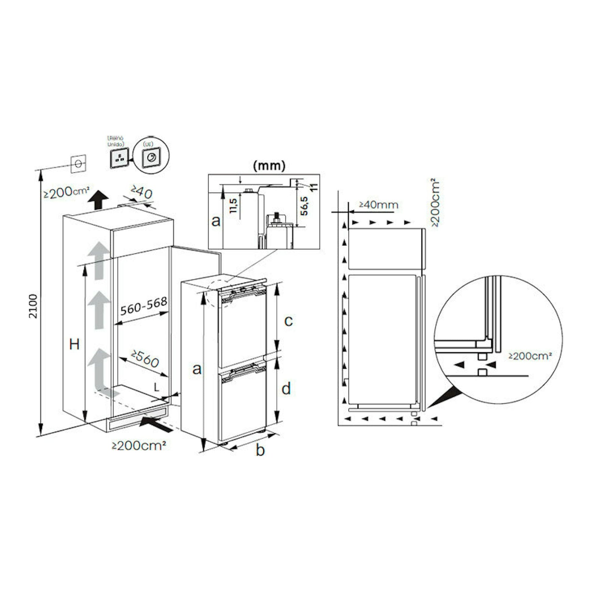 Diagrama técnico del frigorífico integrable Hisense RB3B280SAWE, con vistas frontal y lateral y medidas.