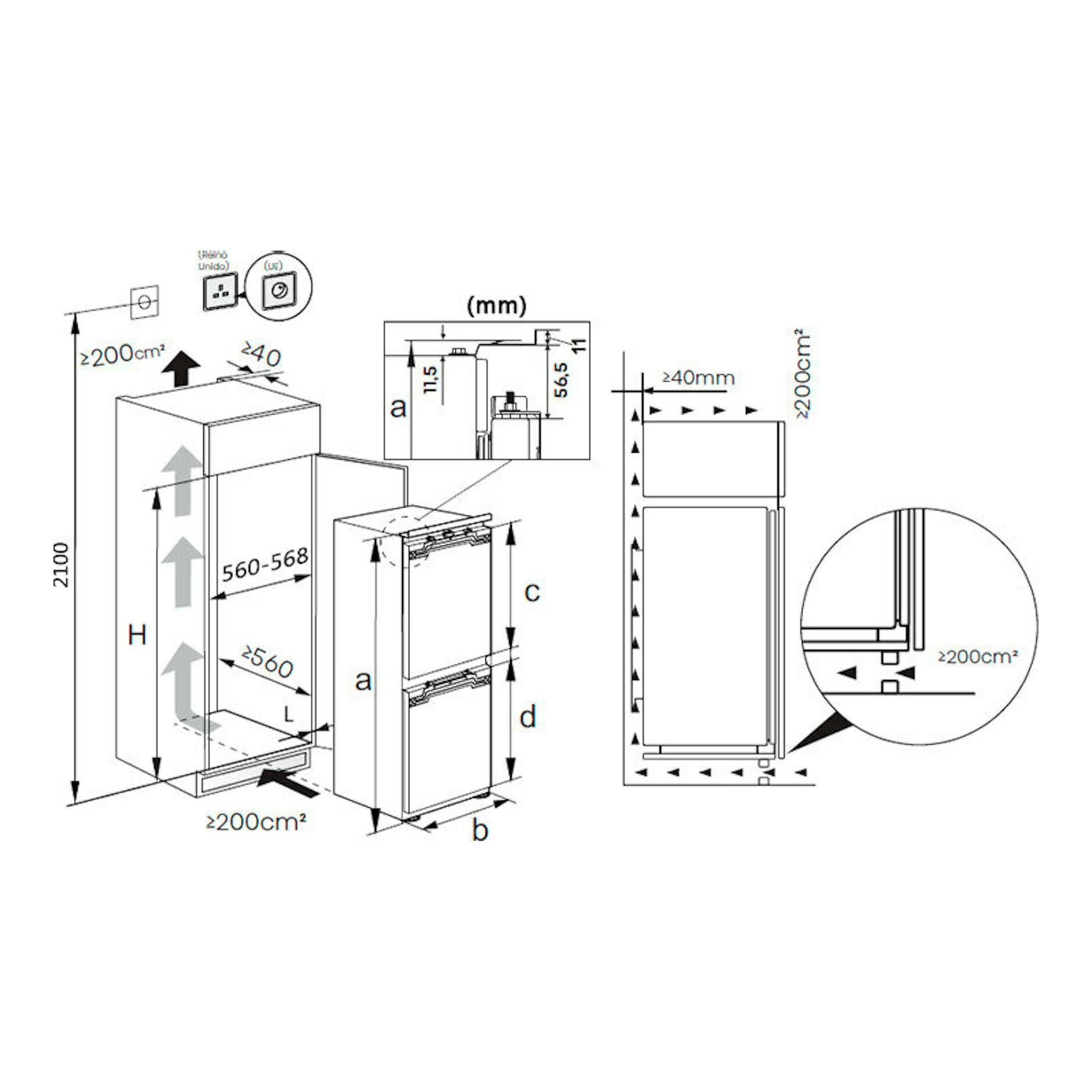 Diagrama técnico del frigorífico integrable Hisense RB3B280SAWE, con vistas frontal y lateral y medidas.