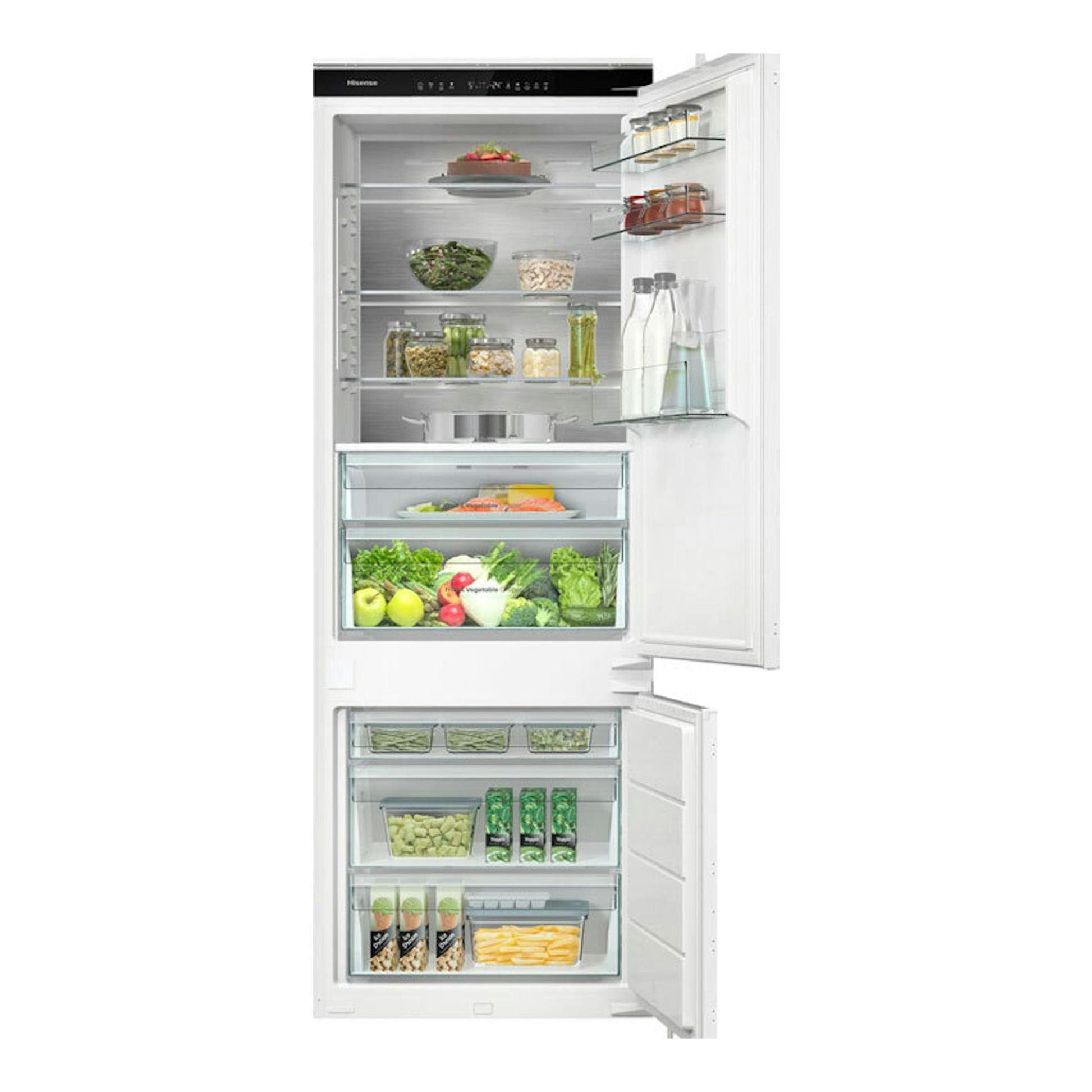Frigorífico combi integrable Hisense RB3B370SAWD1 blanco, con puertas abiertas y compartimentos interiores.