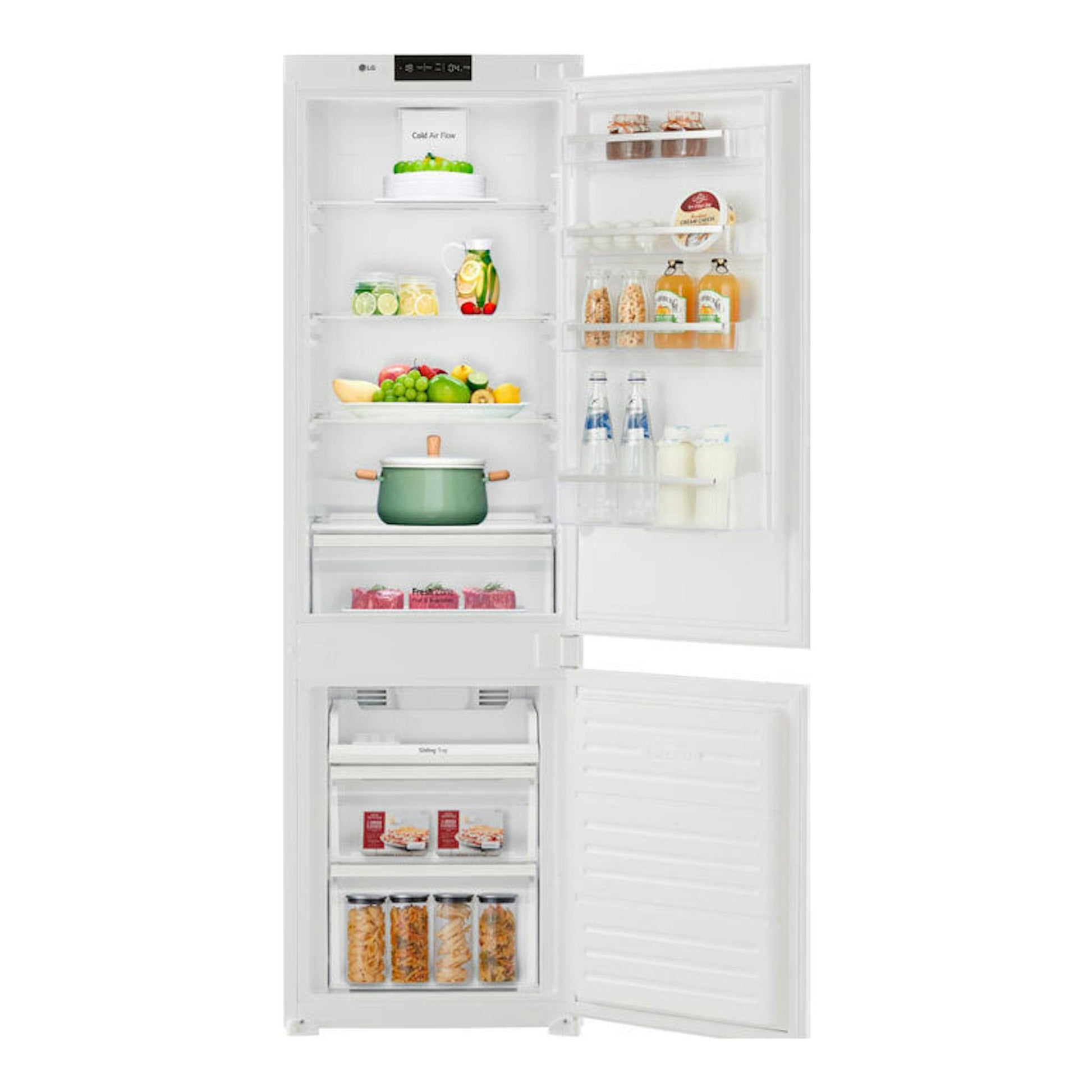 Frigorífico combi integrable LG GNM12VWHN, vista frontal, puertas abiertas, interior blanco.