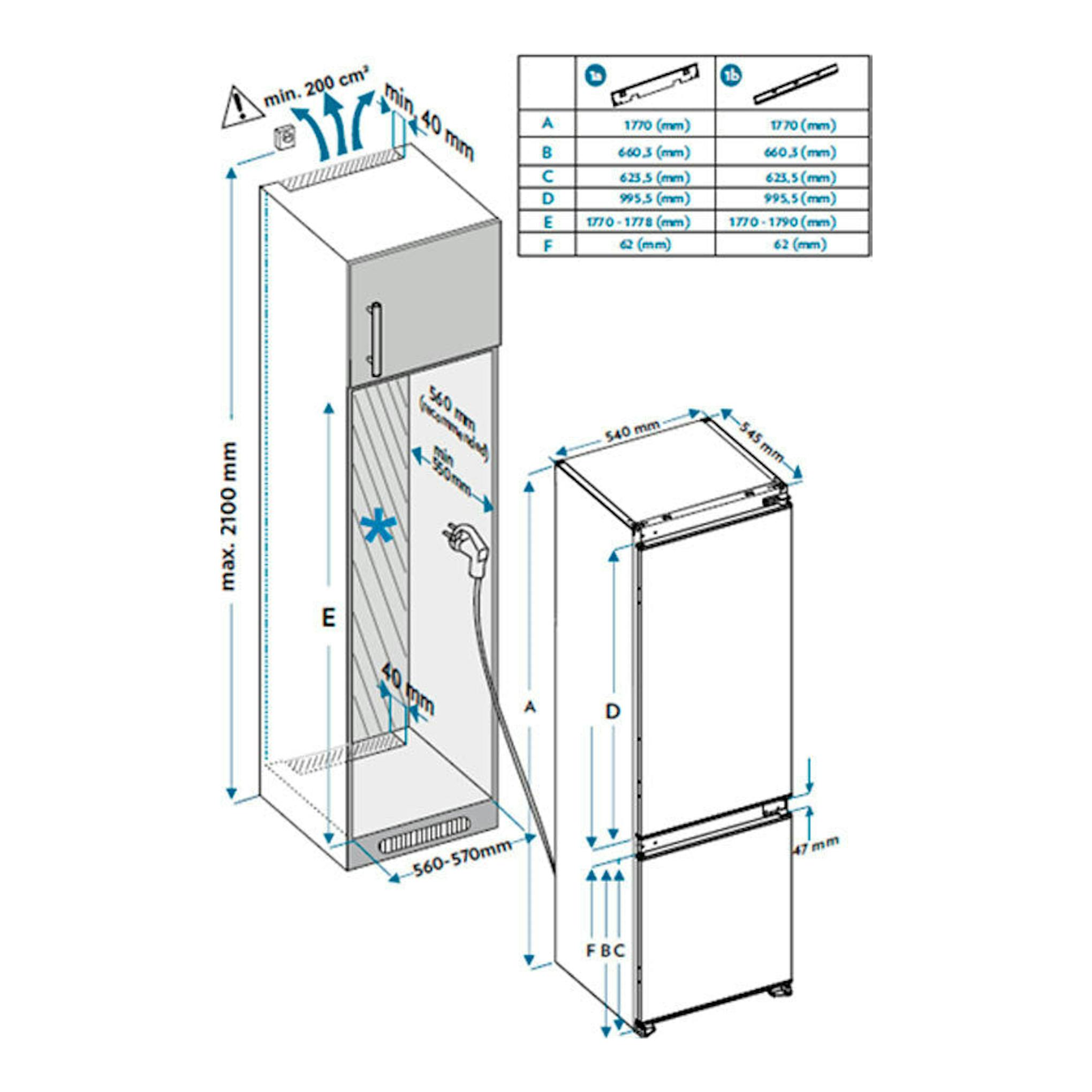 Frigorífico combi integrable LG GNM12VWHN inox en diagrama técnico isométrico con medidas de hueco.