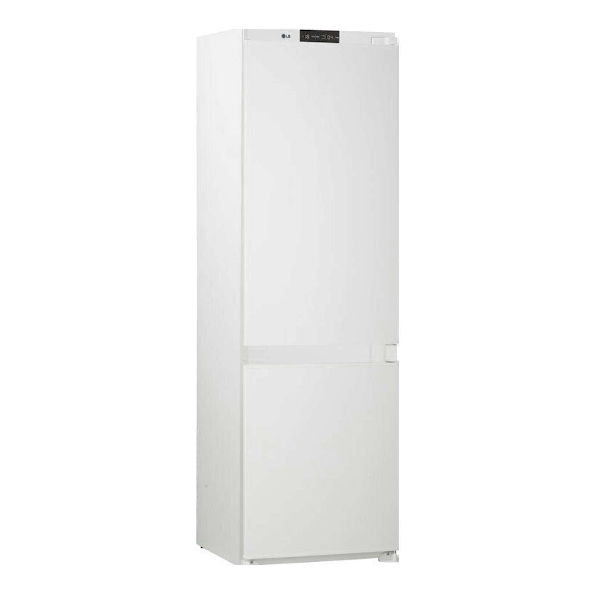 Frigorífico combi LG GNM12VWHN blanco, vista frontal en tres cuartos, con panel de control superior.