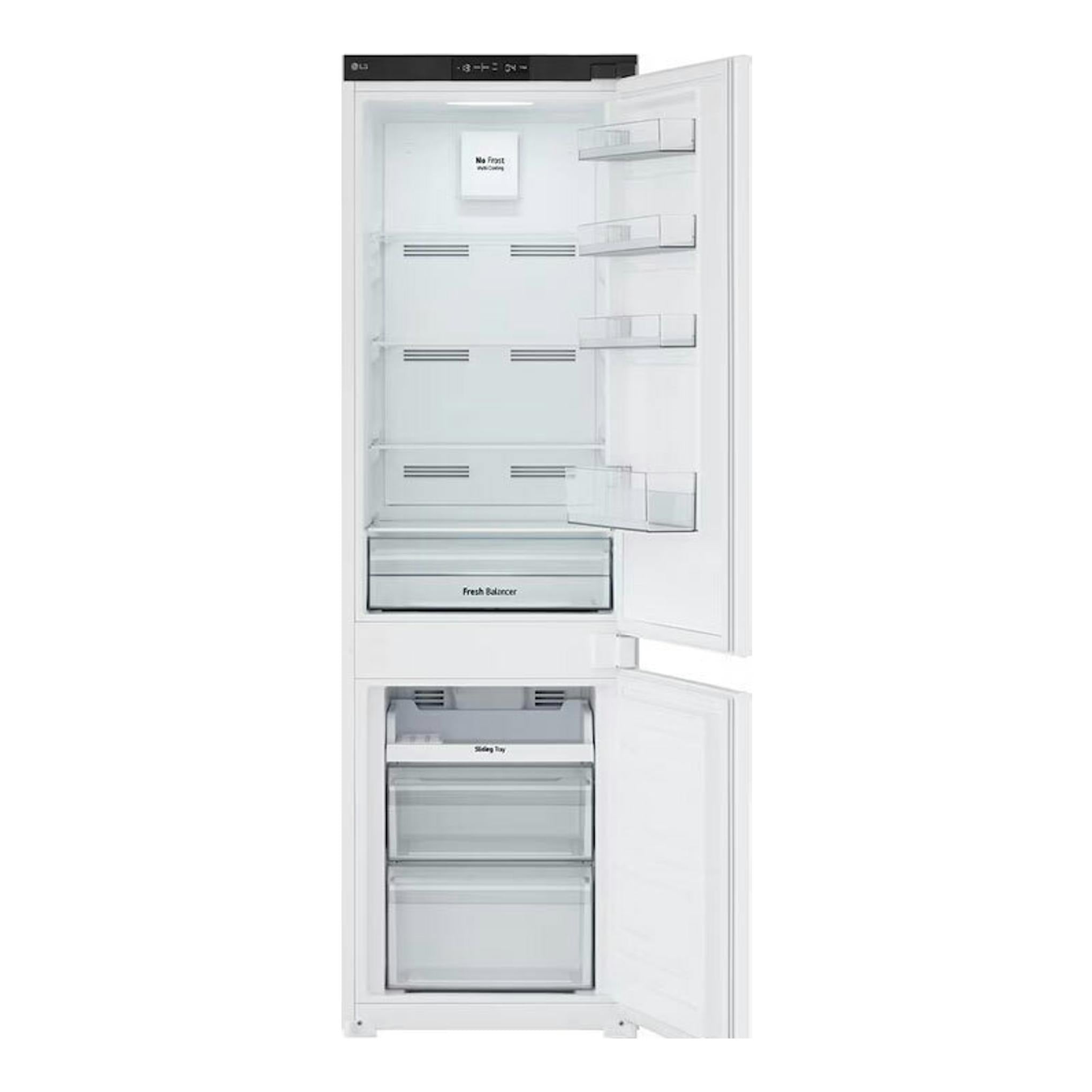 Frigorífico combi integrable LG GTFN256SER, blanco, vista frontal con puertas abiertas.