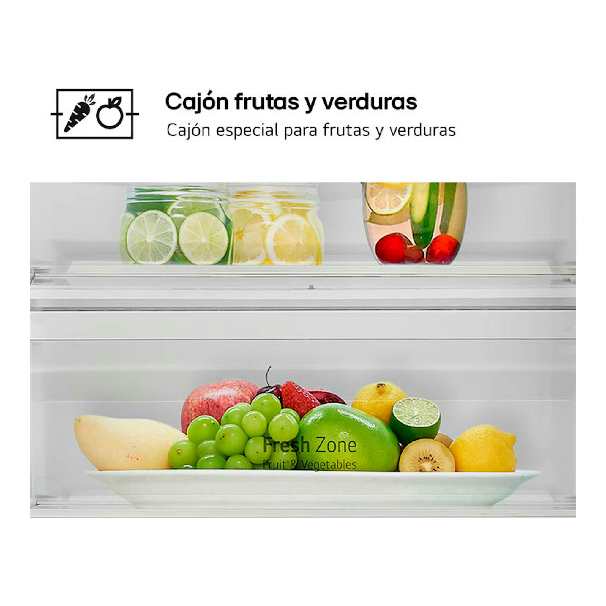 LG GTFN256SER: cajón de frutas y verduras de frigorífico, vista frontal con frutas y verduras.