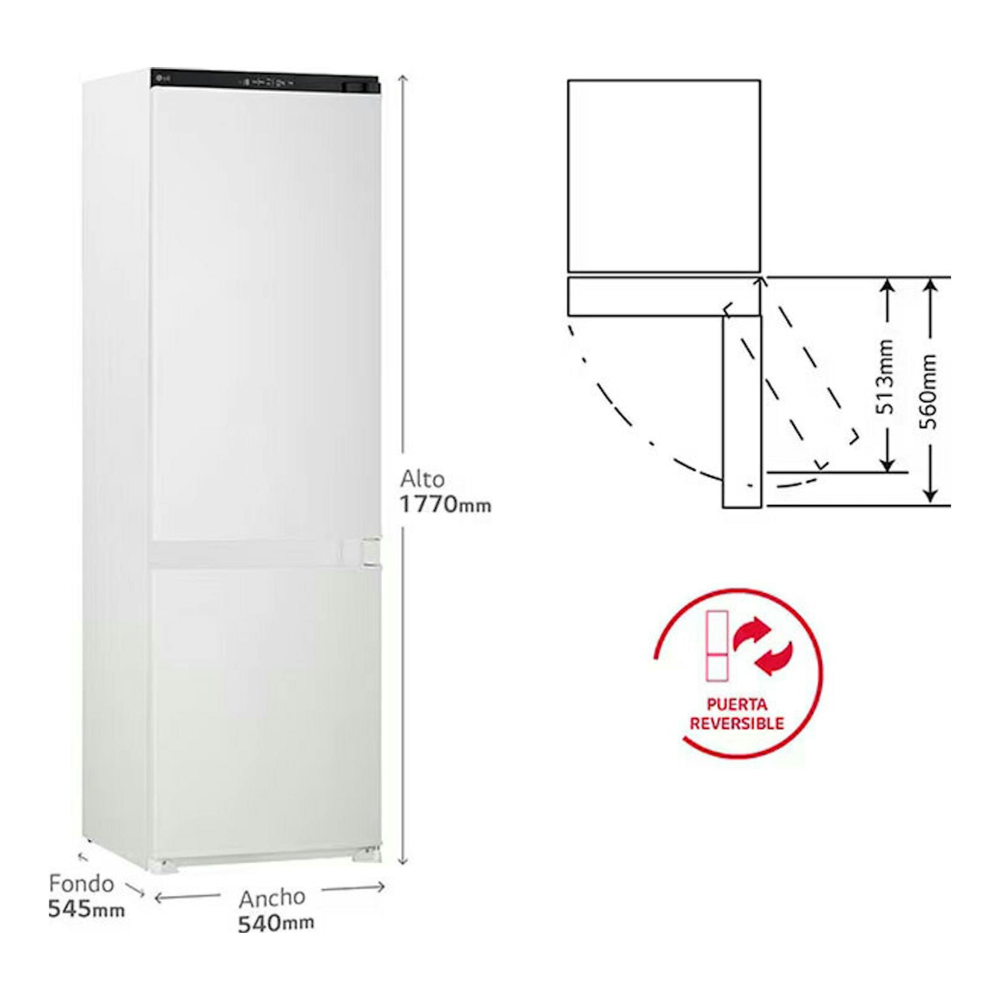 Frigorífico combi integrable LG GTFN256SER blanco, vista frontal, puerta reversible.